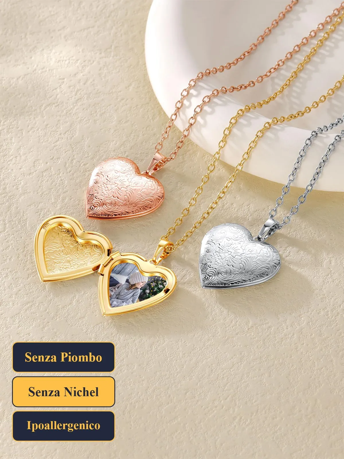U7 Collana con Foto Personalizzata Donna Cuore Apribile Acciaio Inossidabile - immagine 6