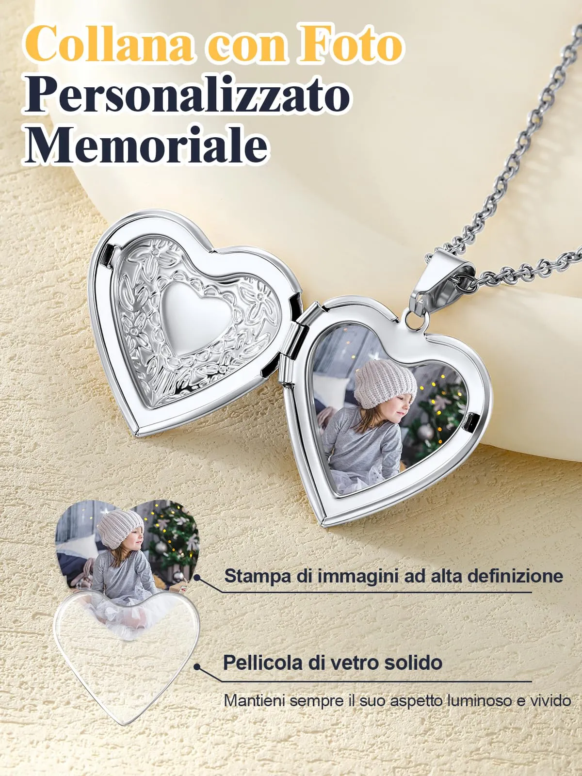 U7 Collana con Foto Personalizzata Cuore Apribile in Acciaio Inossidabile 316L, 50 cm - immagine 4