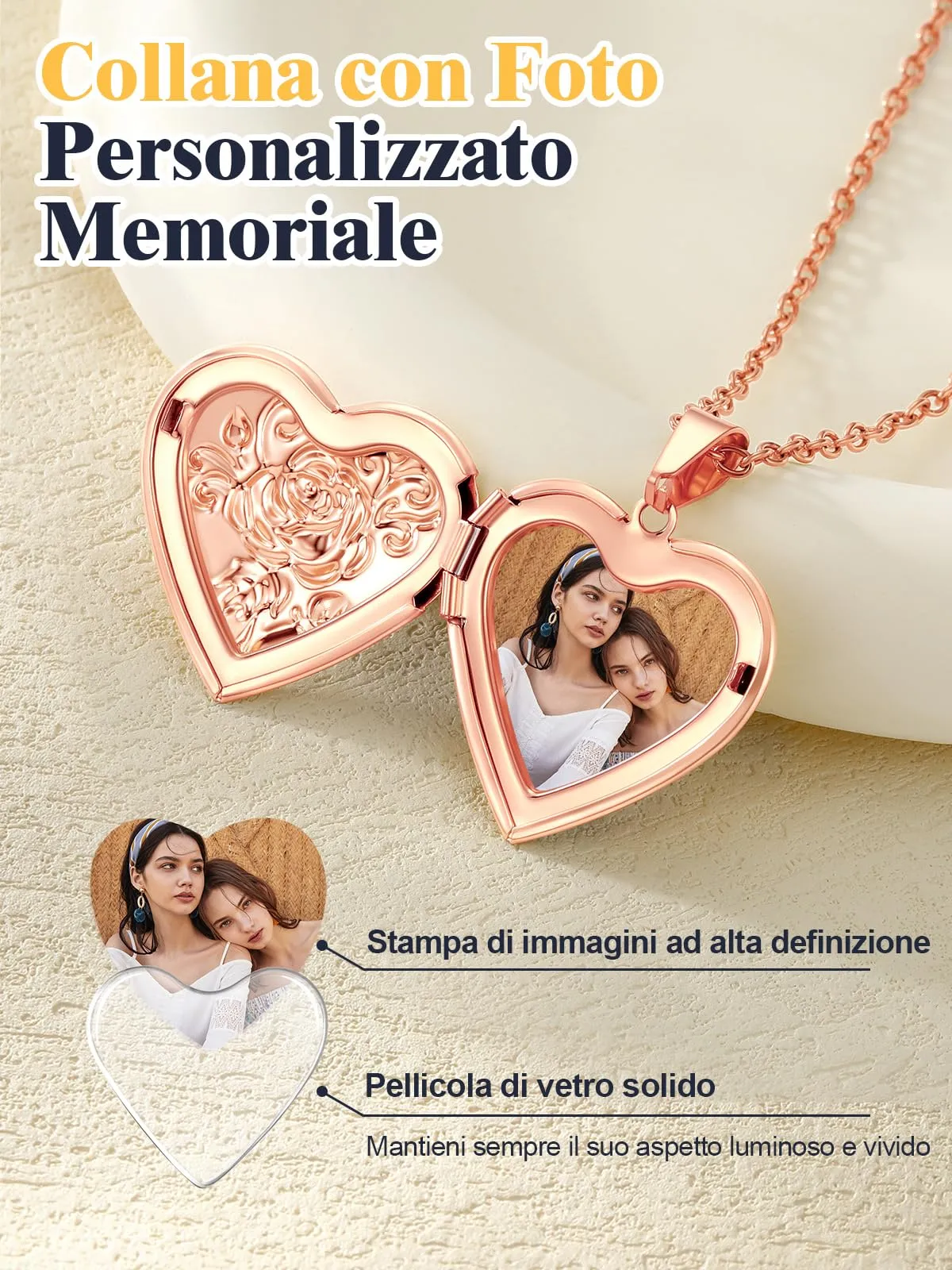 U7 Collana con Foto Personalizzata Cuore in Acciaio Inossidabile, Oro Rosa - immagine 4
