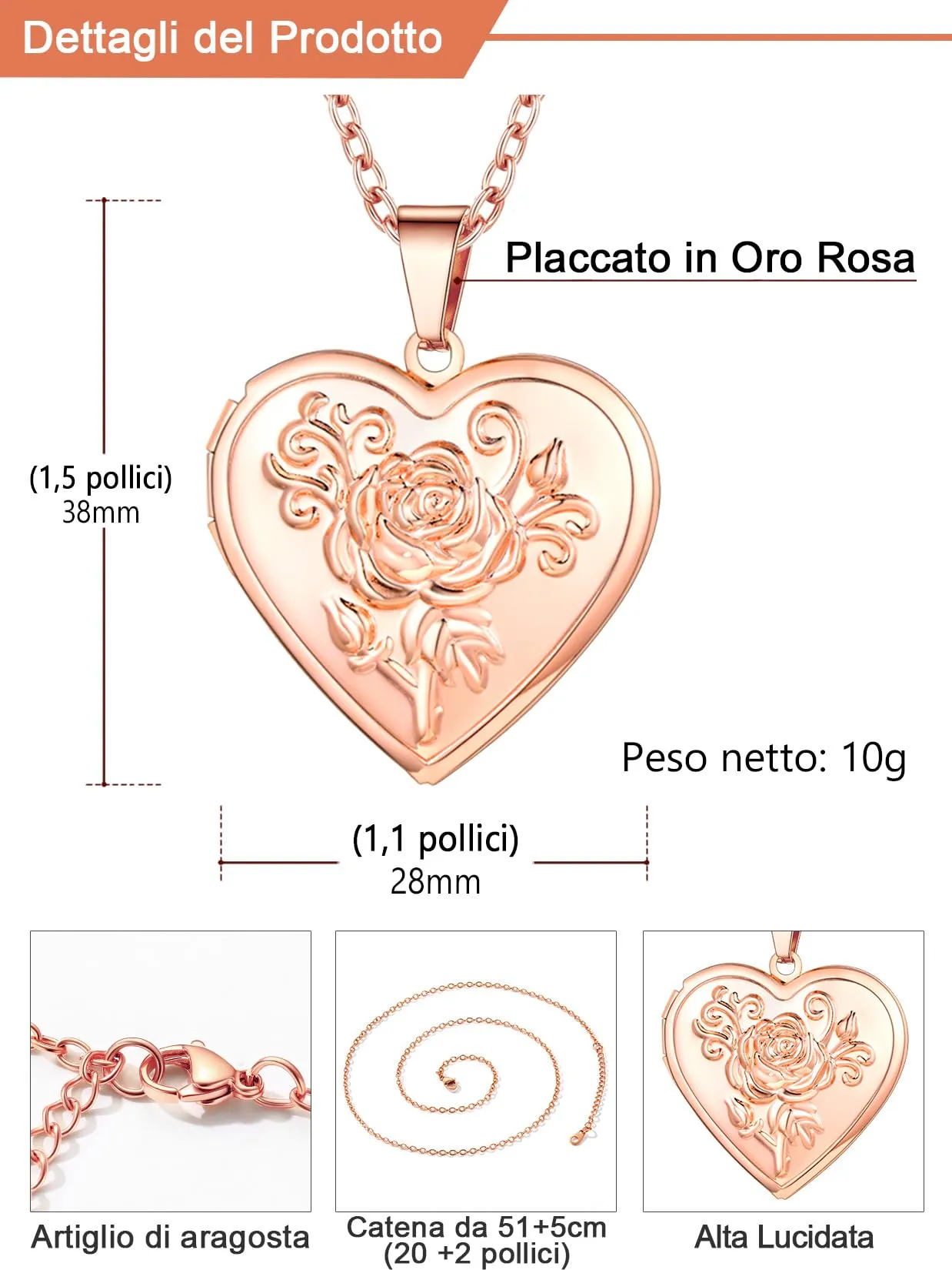 U7 Collana con Foto Personalizzata Cuore in Acciaio Inossidabile, Oro Rosa - immagine 6
