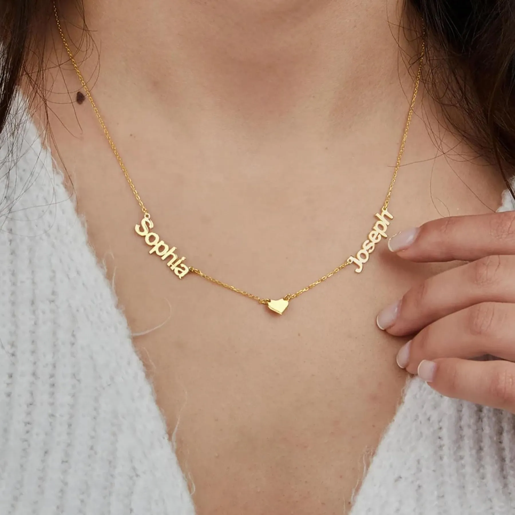 Kiddo Sky Collana con Nome Personalizzata, Catena Barbazzale, Targhetta Placcata in Oro 18 Carati (Collier 2 Noms avec Coeur) - immagine 4