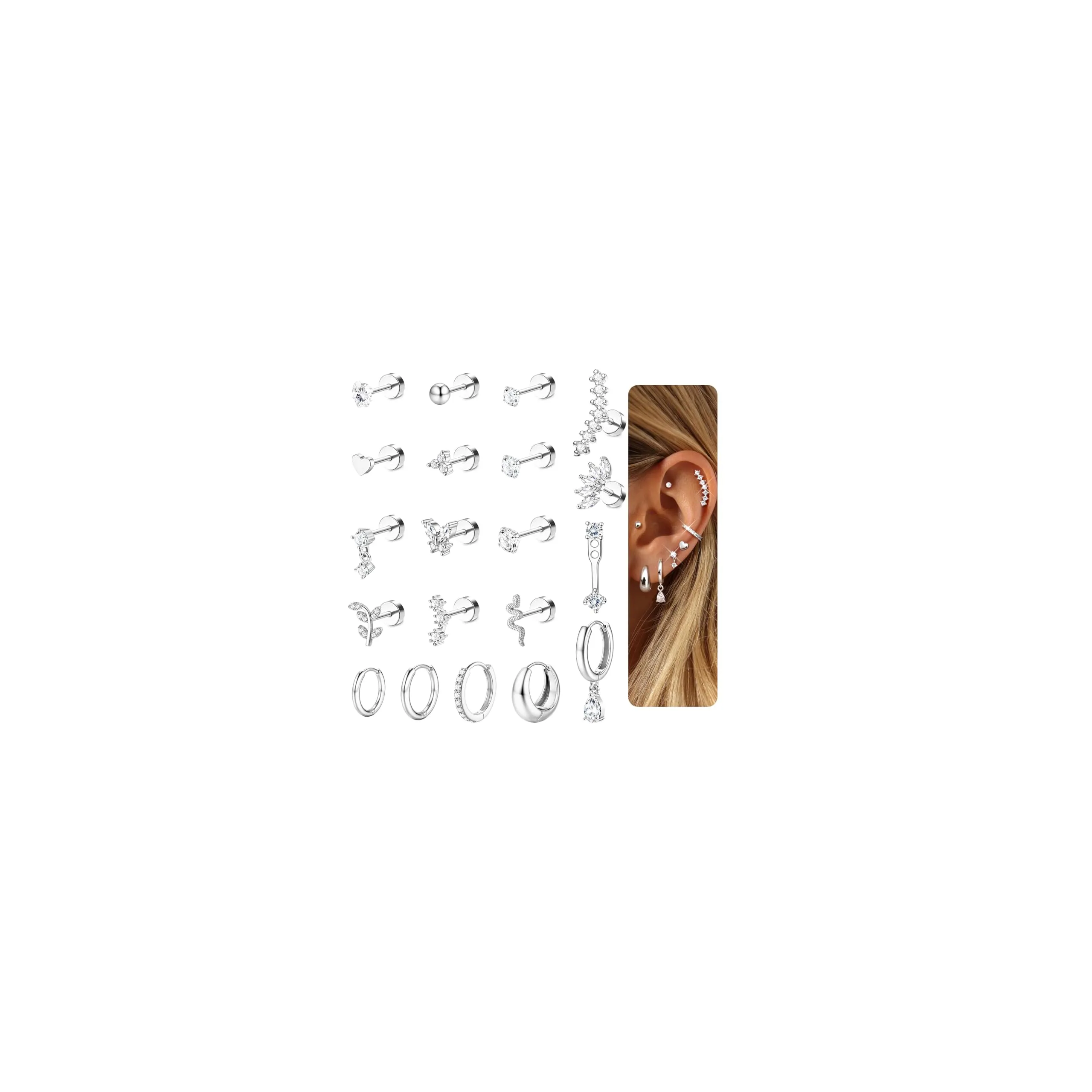 LOLIAS Set Piercing Orecchio in Acciaio Chirurgico, 20 Pezzi, Argento - immagine 1