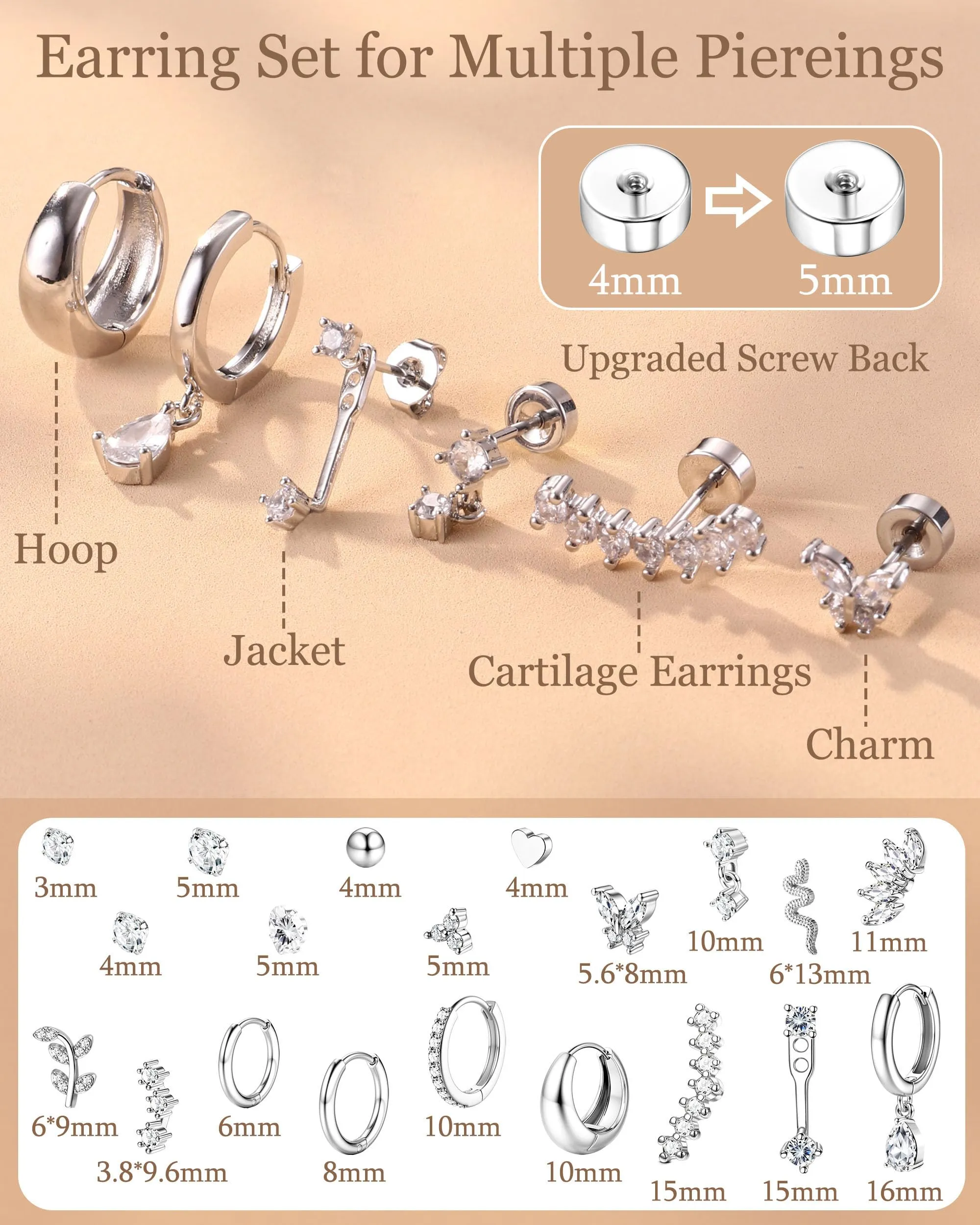LOLIAS Set Piercing Orecchio in Acciaio Chirurgico, 20 Pezzi, Argento - immagine 4