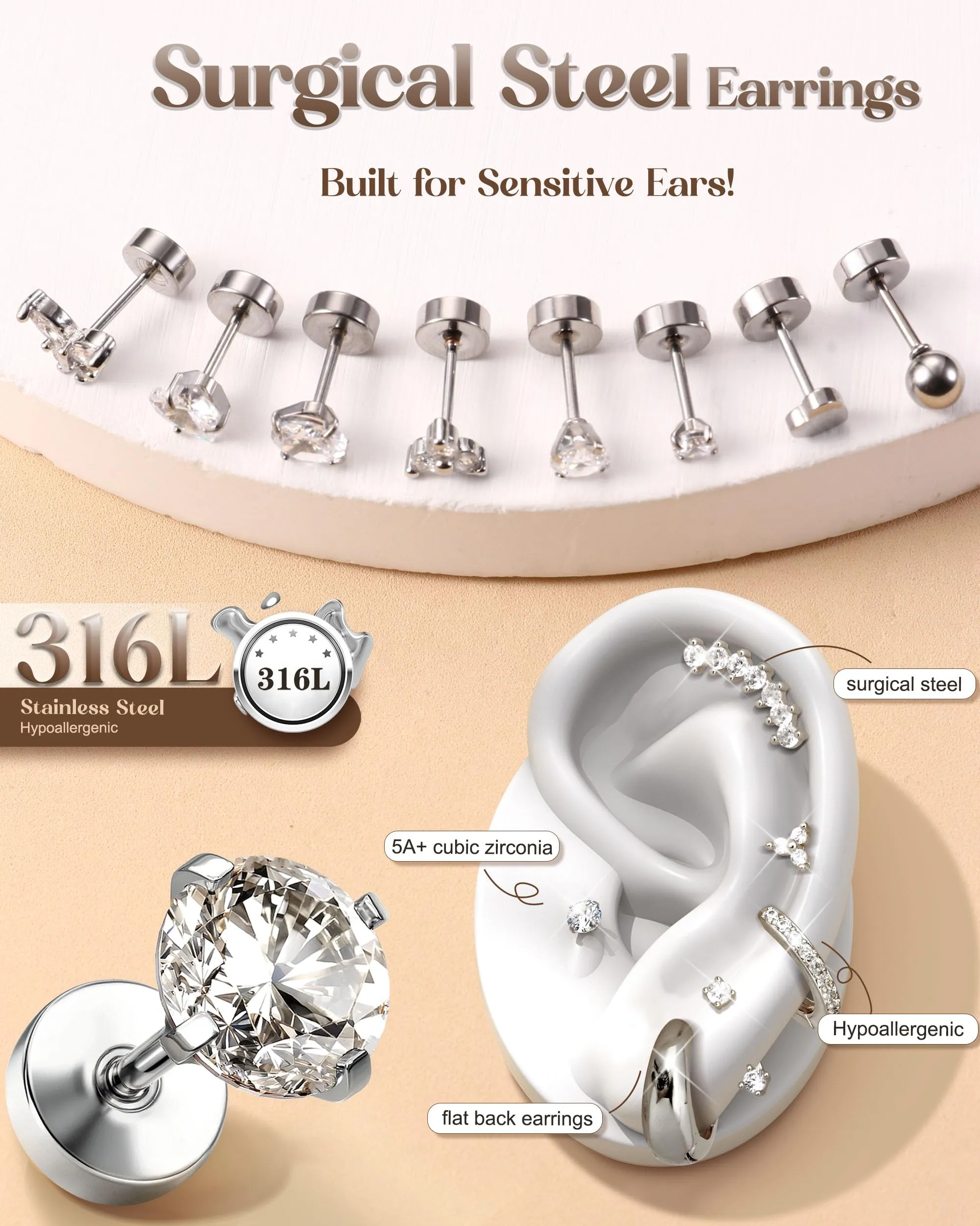 LOLIAS Set Piercing Orecchio in Acciaio Chirurgico, 20 Pezzi, Argento - immagine 7