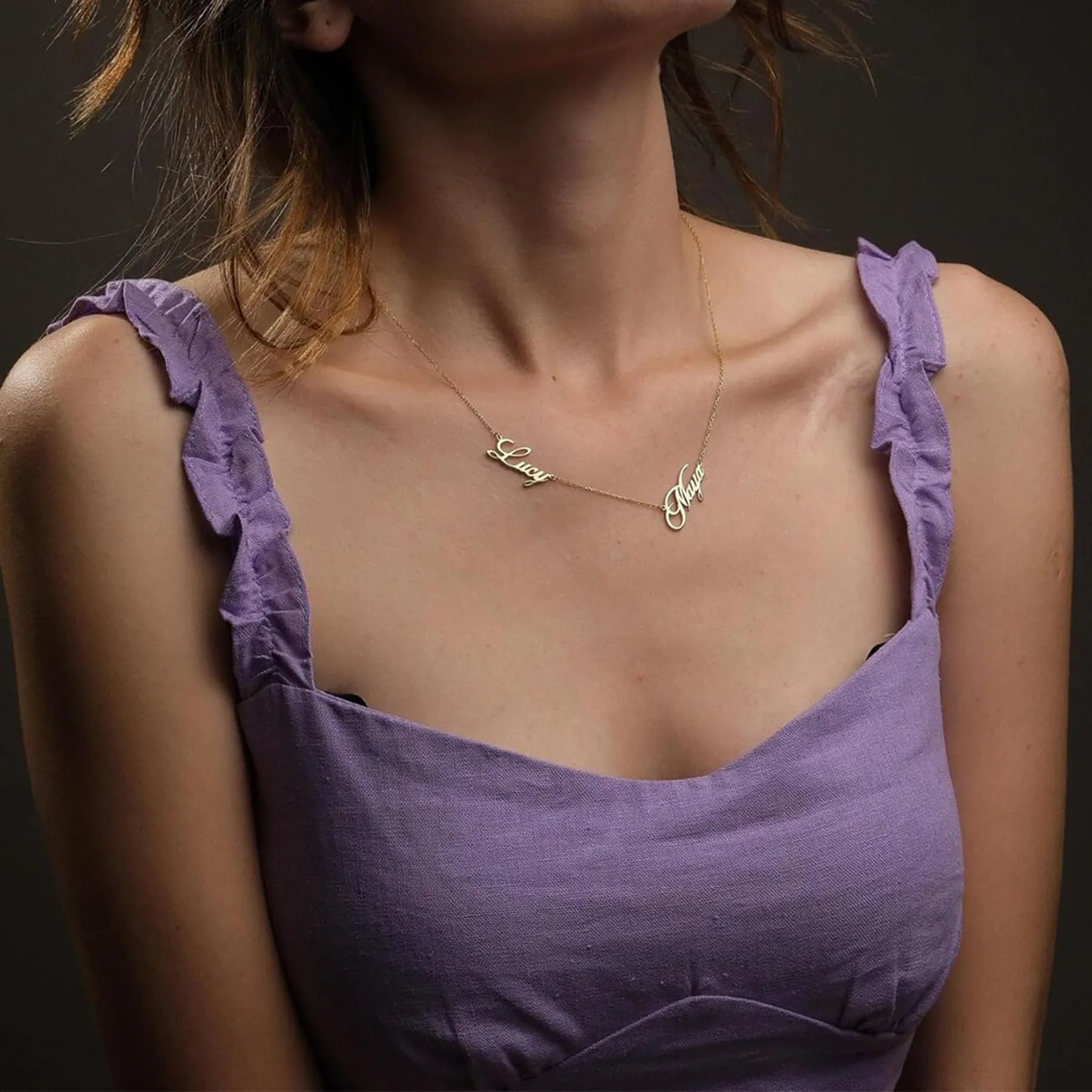 Kiddo Sky Collana con Nome Personalizzata con Catena Barbazzale, Targhetta Placcata in Oro 18 Carati, 2 Nomi - immagine 4