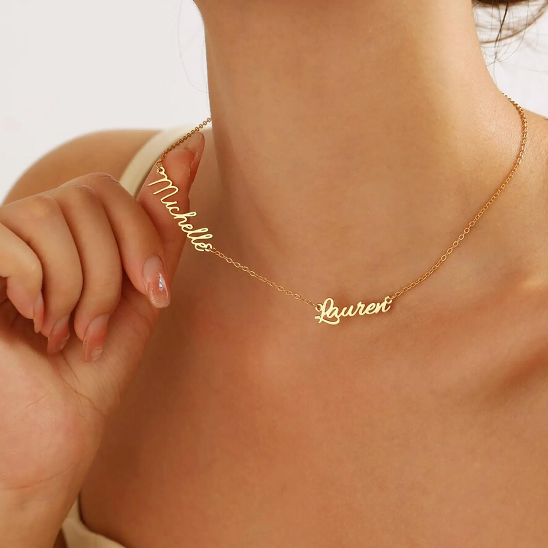 Kiddo Sky Collana con Nome Personalizzata con Catena Barbazzale, Targhetta Placcata in Oro 18 Carati, 2 Nomi - immagine 5