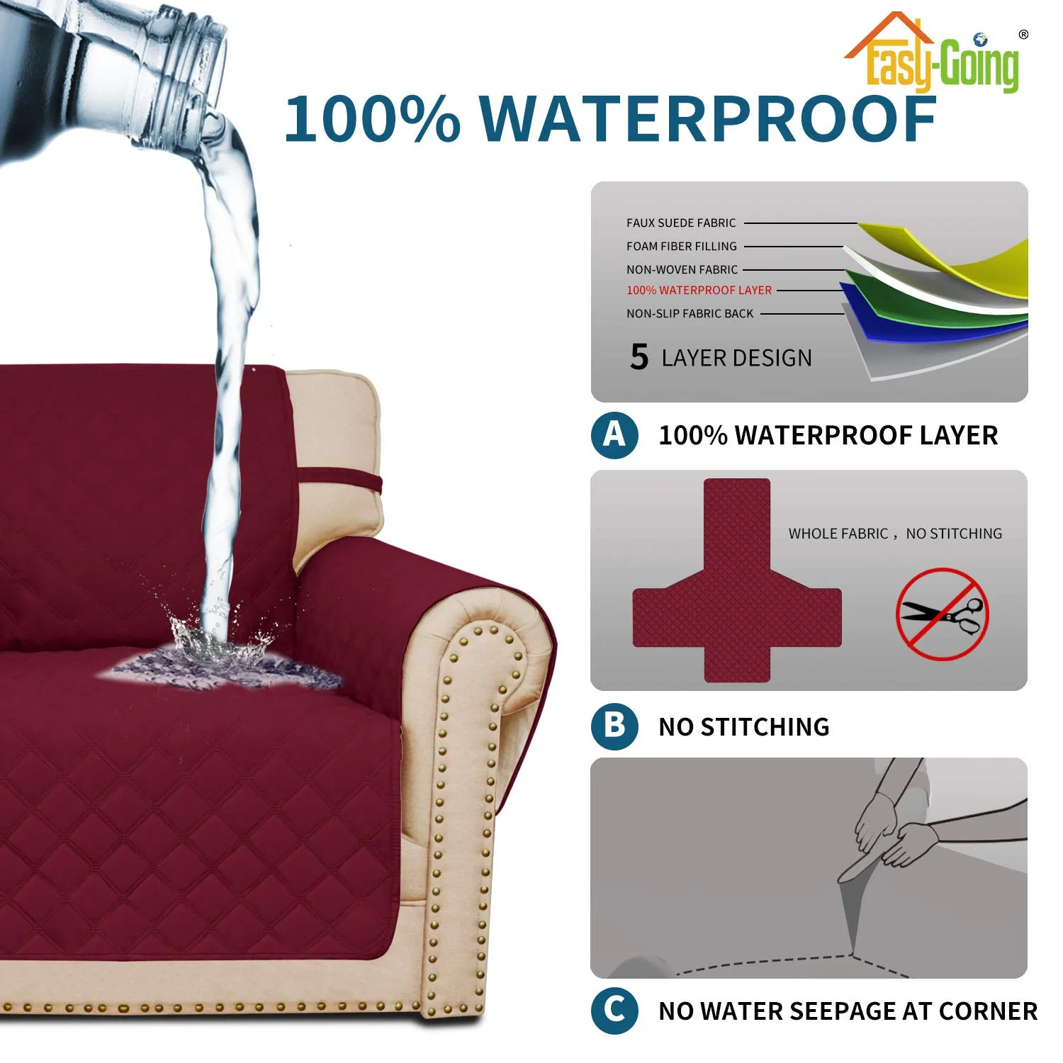 Easy-Going Copridivano Impermeabile e Lavabile per Divanetto a 2 Cuscini, Tessuto Antiscivolo con Tasca, Vino - immagine 3