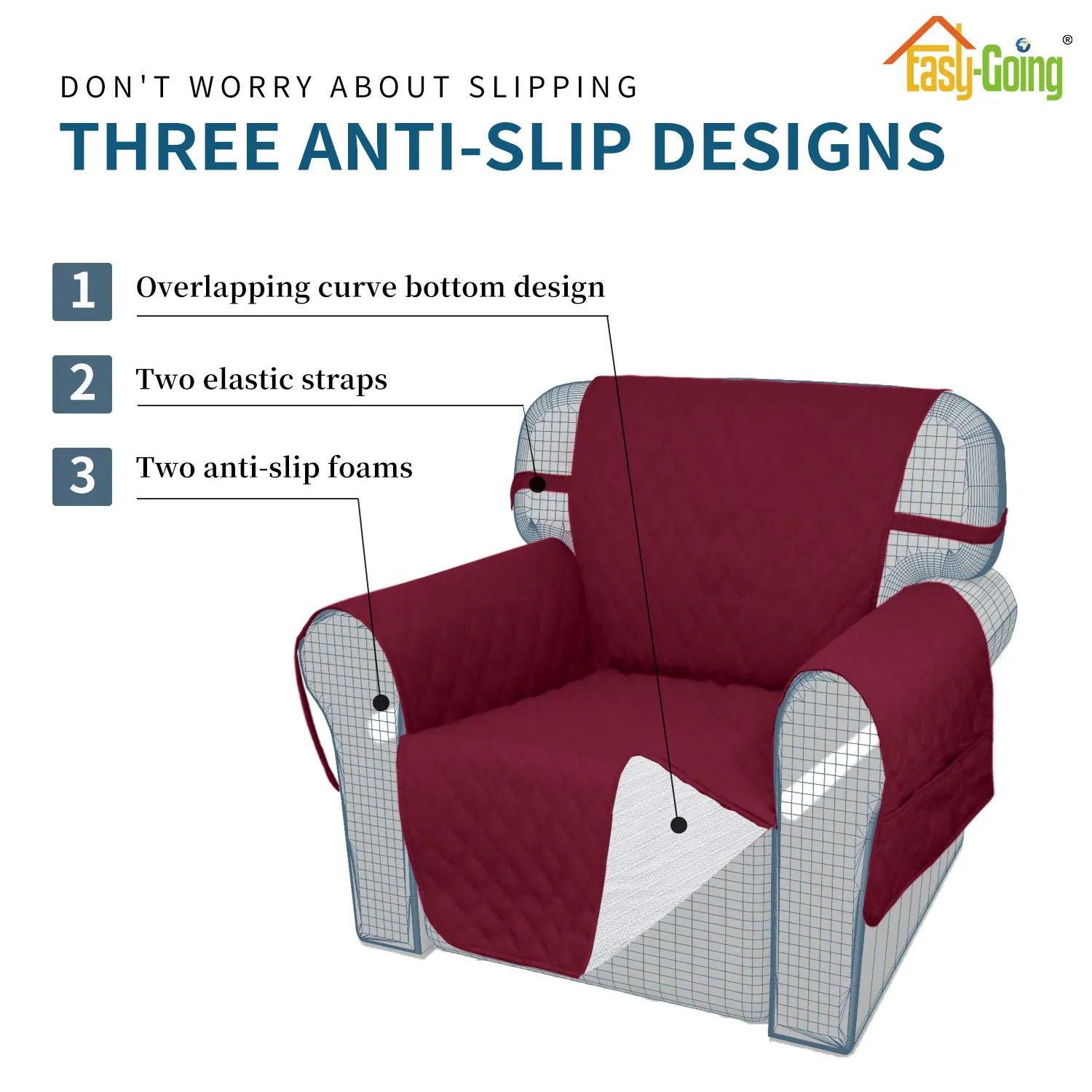 Easy-Going Copridivano Impermeabile e Lavabile per Divanetto a 2 Cuscini, Tessuto Antiscivolo con Tasca, Vino - immagine 4