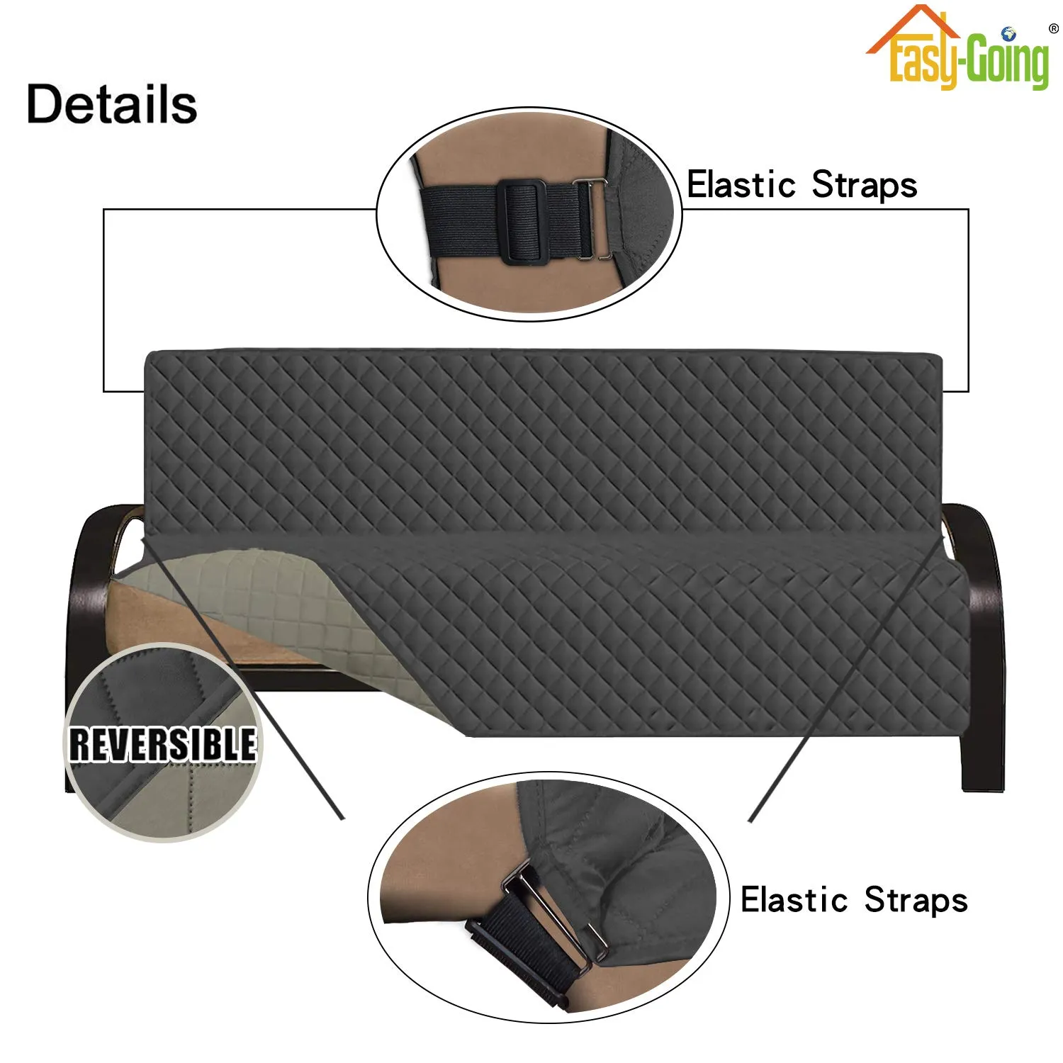 Easy-Going Copridivano e Fodere per Cuscini, Protezione per Mobili Imbottita Reversibile, Antiscivolo con Cinghie Elastiche e Schiume, Grigio scuro/Beige - immagine 4