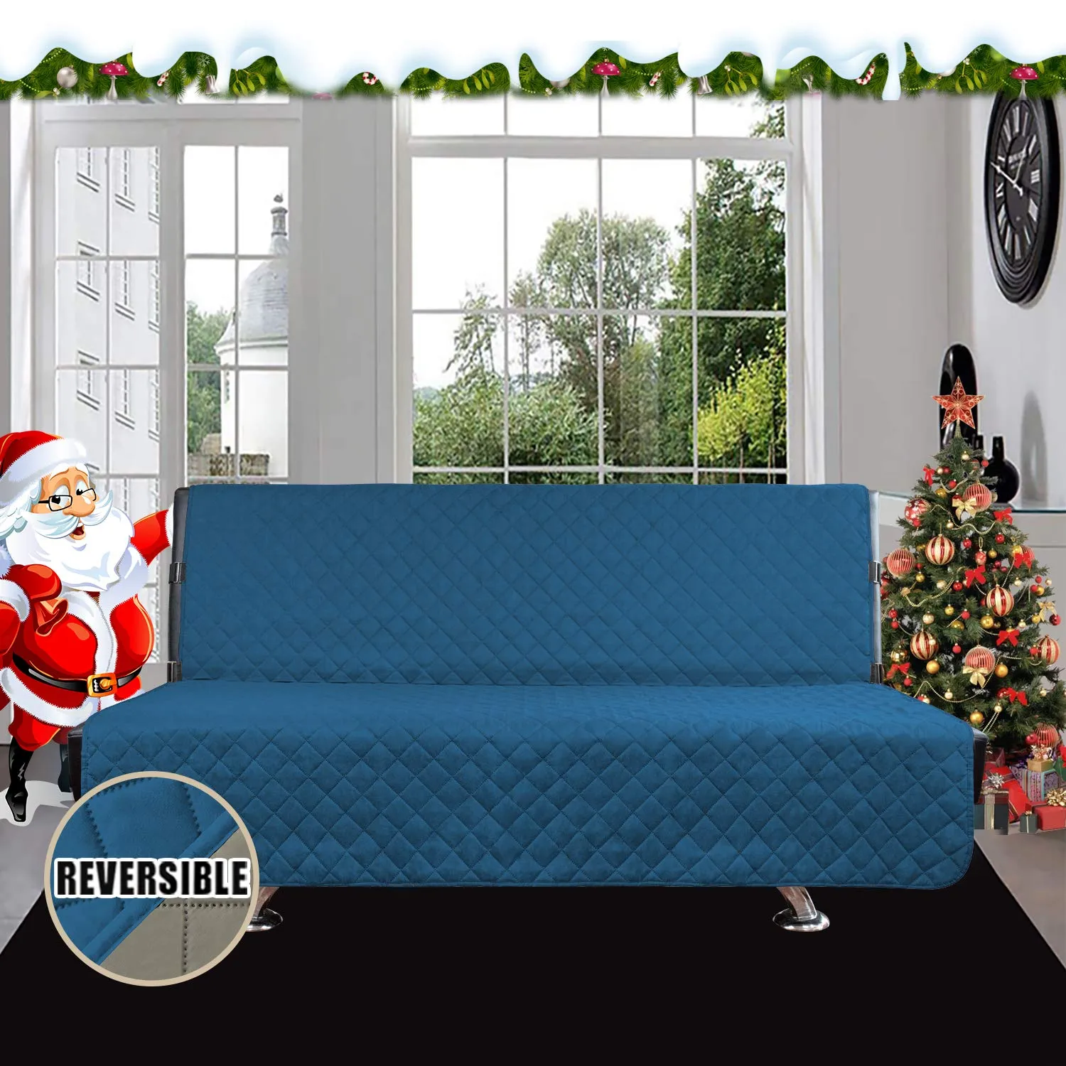 Easy-Going Futon Copridivano Reversibile Resistente all'Acqua, Blu Pavone/Beige - immagine 2