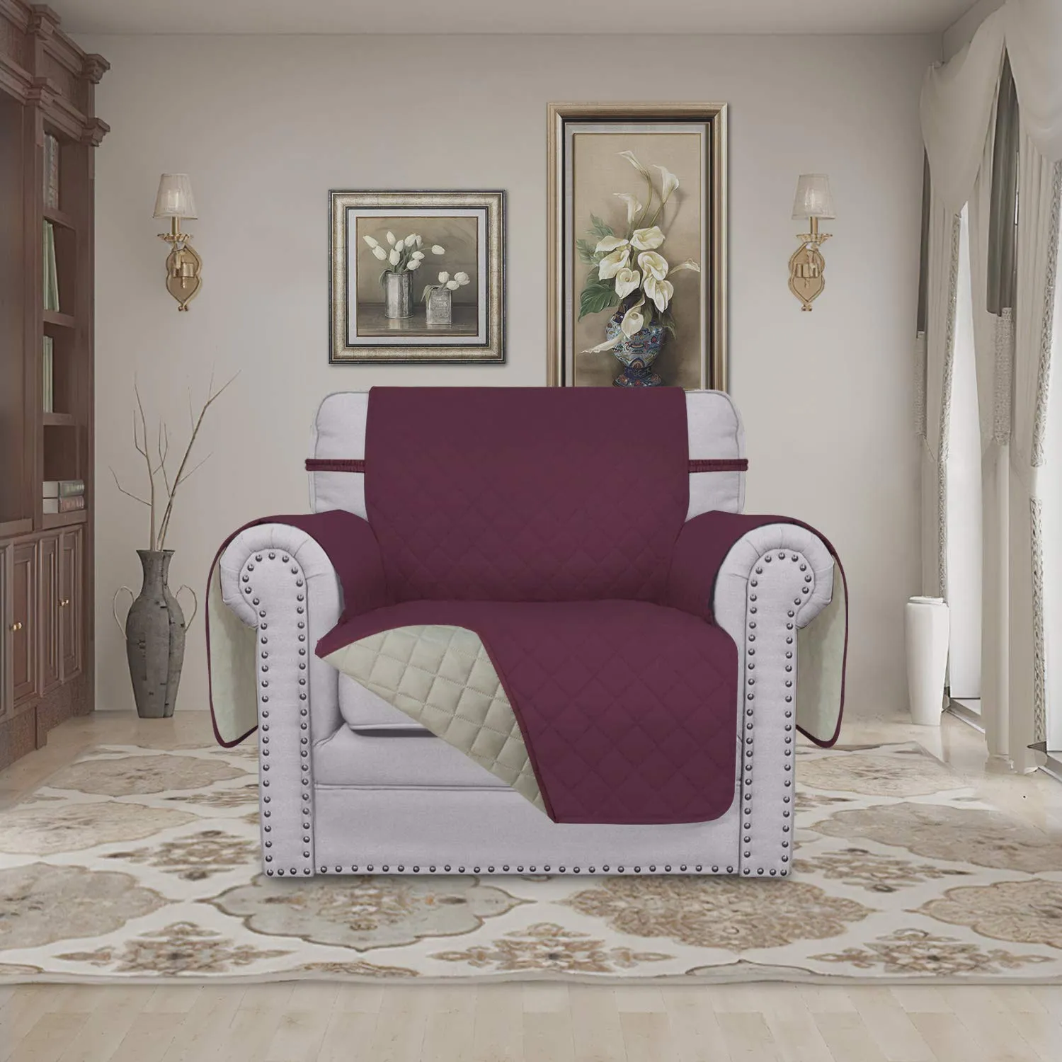 Easy-Going Copridivano Reversibile Resistente all'Acqua per Sedia (Sedia, Vino/Beige) - immagine 2