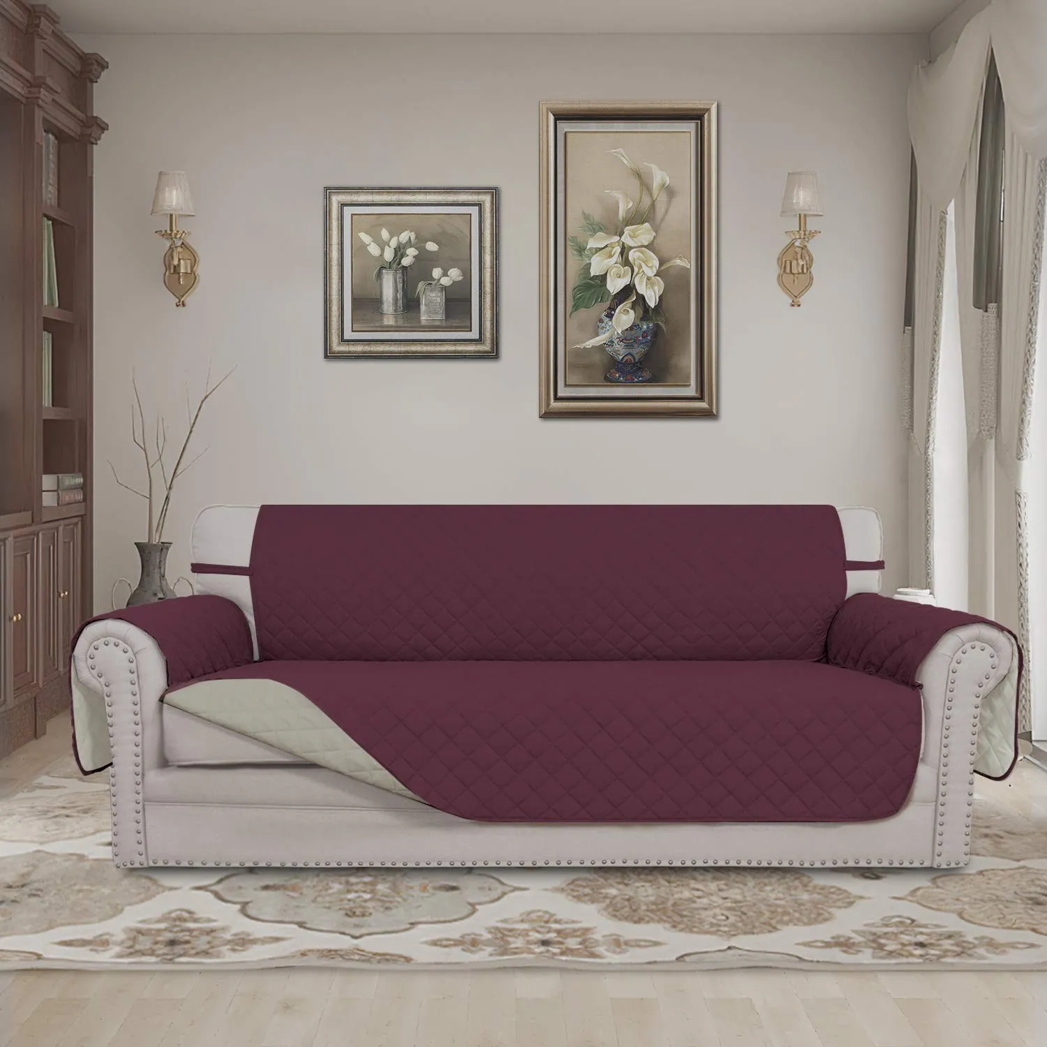 Easy-Going Copridivano Reversibile Impermeabile per Divano a 3 Cuscini, Vinaccia/Beige - immagine 2