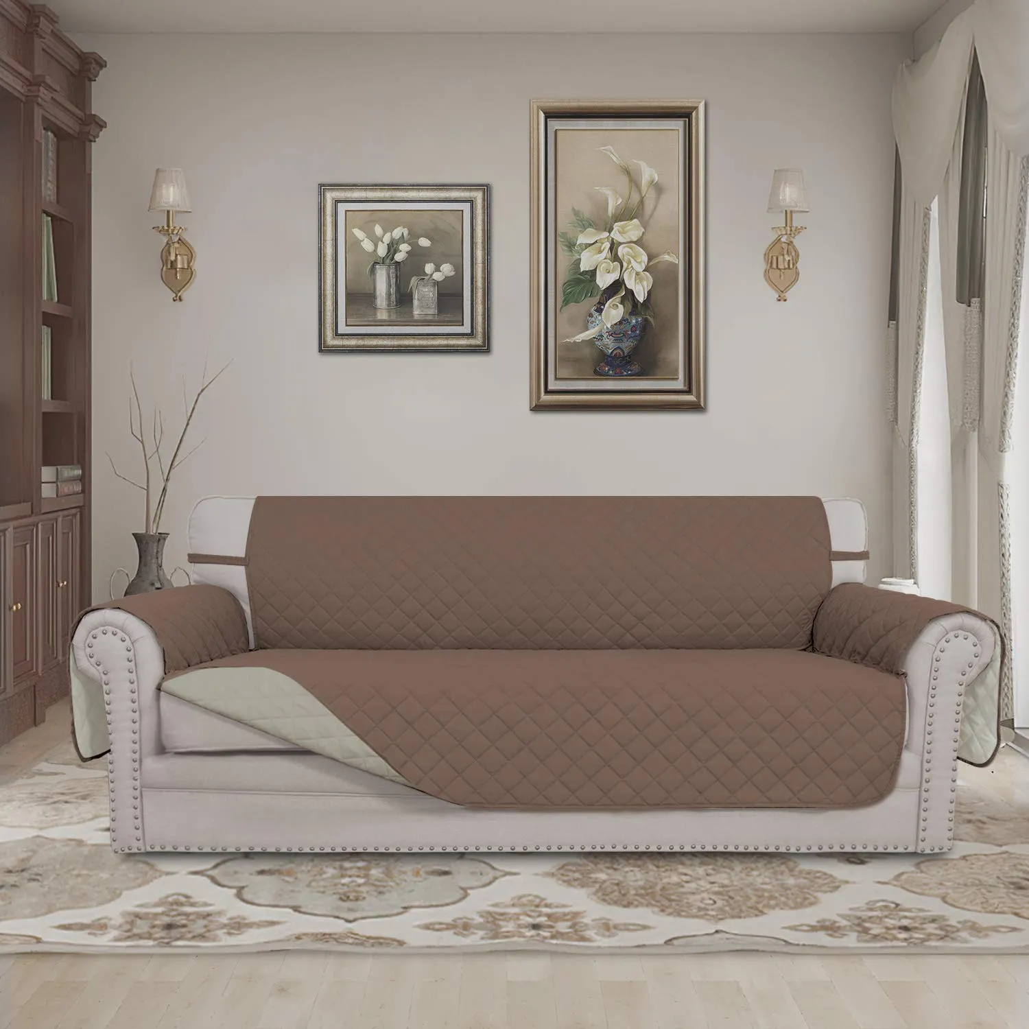 Easy-Going Copridivano Reversibile Impermeabile con Bastoncini in Schiuma e Cinghie Elastiche, Marrone/Beige - immagine 2