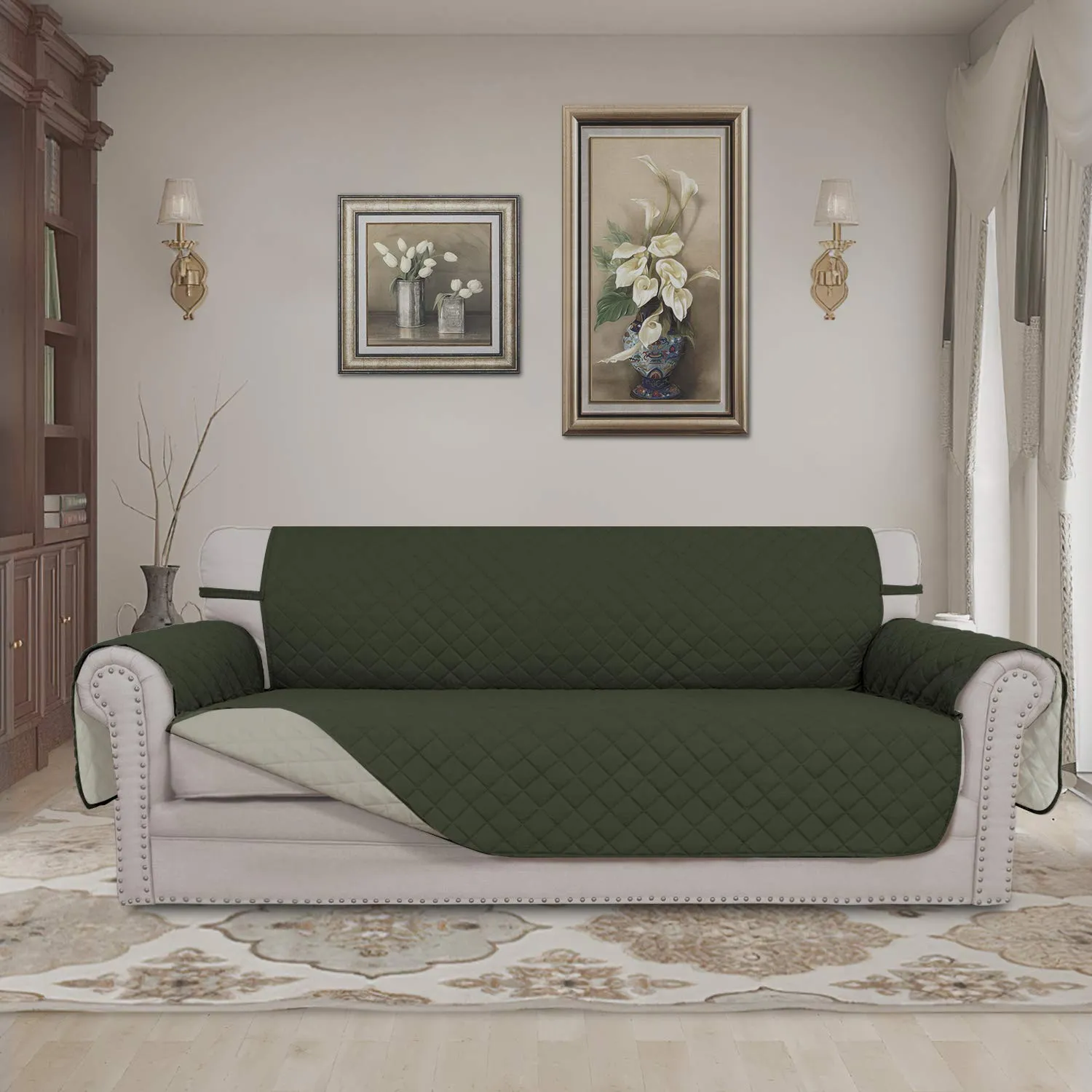 Easy-Going Copridivano Reversibile per Divano a 3 Cuscini, Impermeabile, Verde Militare/Beige - immagine 2