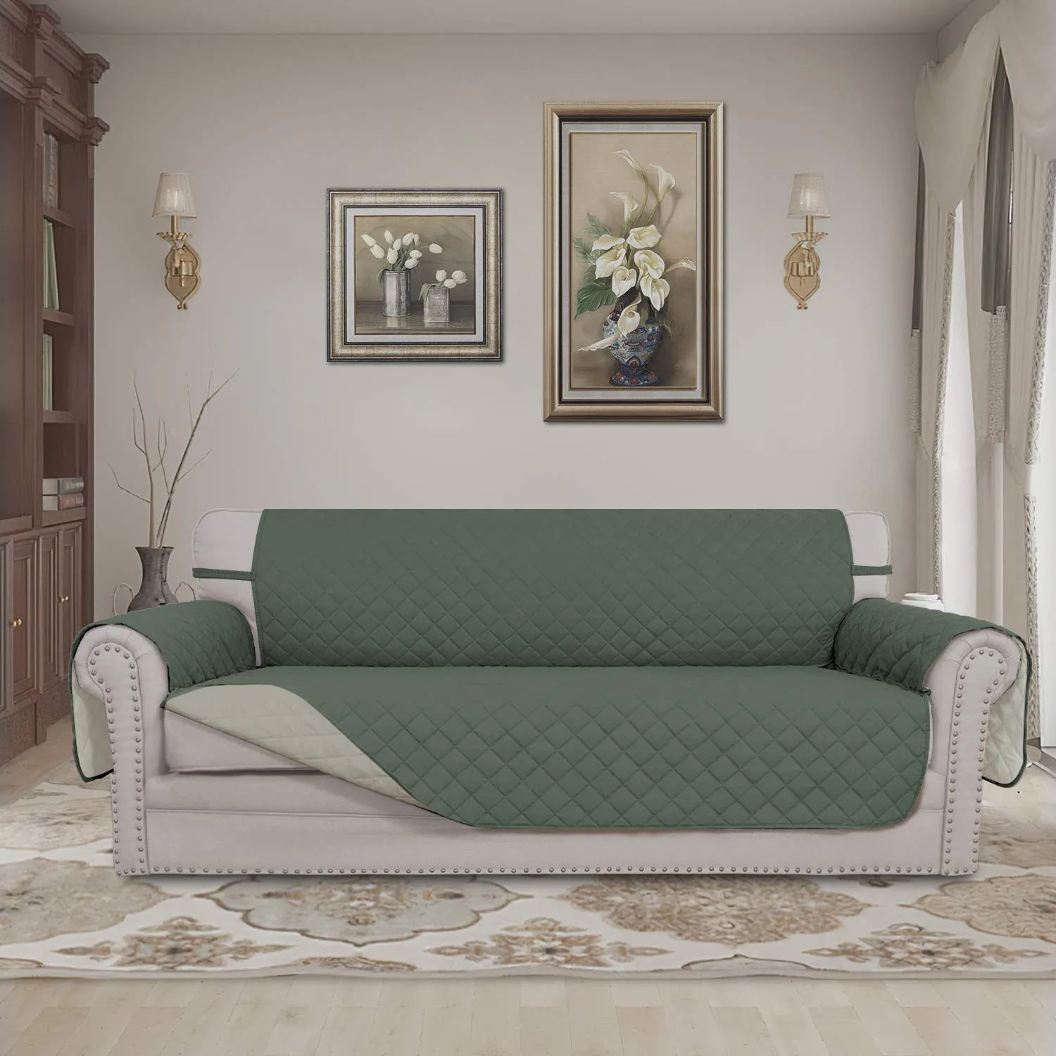 Easy-Going Copridivano Reversibile Oversize per Divano a 3 Cuscini, Impermeabile, Verde Grigiastro/Beige - immagine 2
