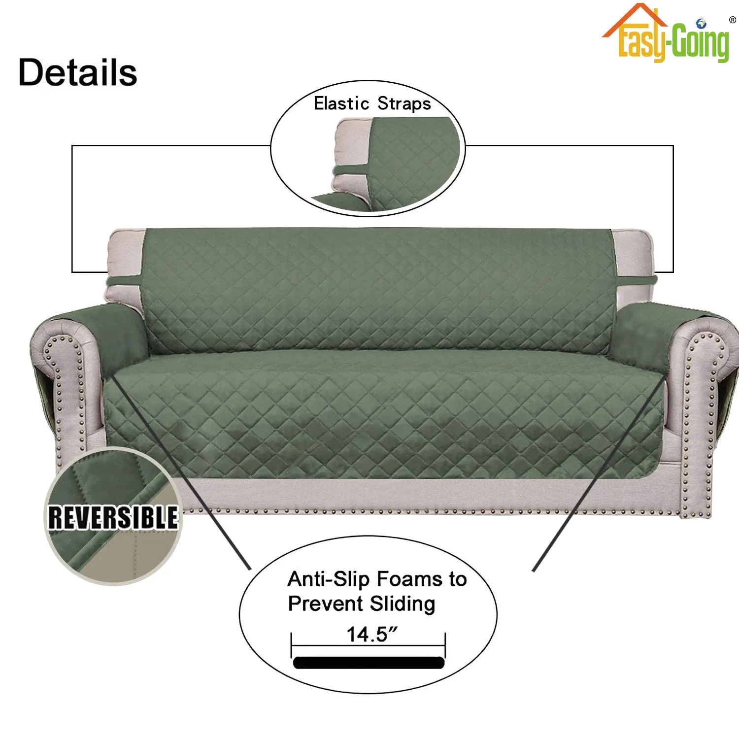 Easy-Going Copridivano Reversibile Oversize per Divano a 3 Cuscini, Impermeabile, Verde Grigiastro/Beige - immagine 3
