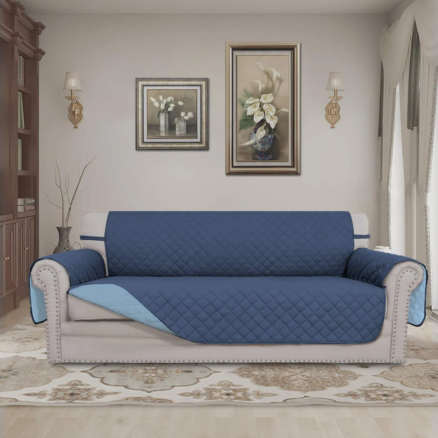Easy-Going Copridivano Reversibile Impermeabile con Bastoncini in Schiuma e Cinghie Elastiche, Blu Scuro/Azzurro, Large Sofa - immagine 2