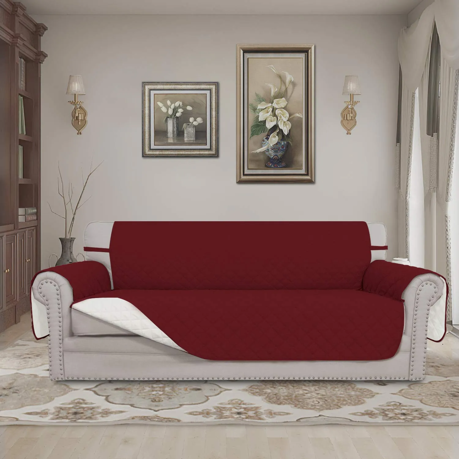Easy-Going Copridivano Reversibile Impermeabile con Cinghie Elastiche e Bastoncini in Schiuma, Rosso Natale/Avorio, 66'' - immagine 2
