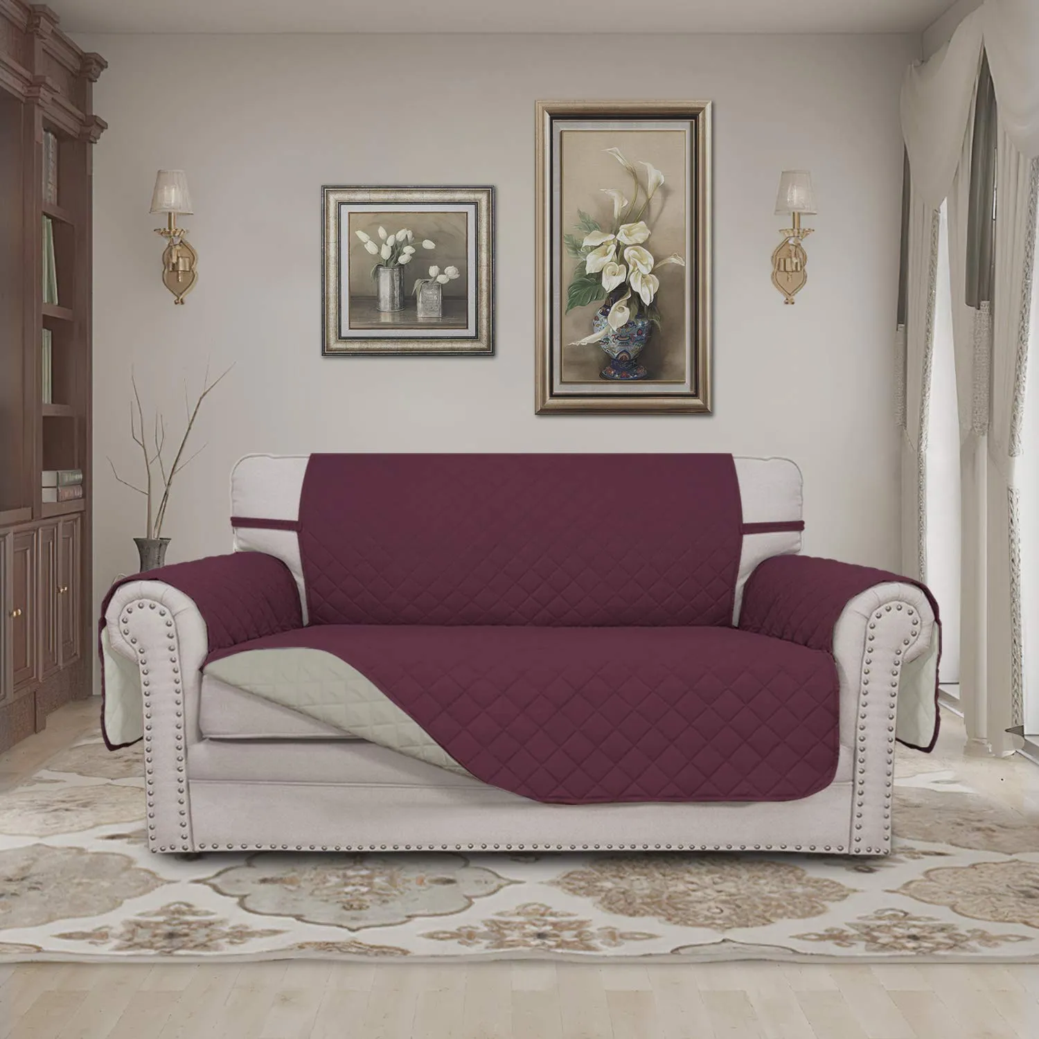 Easy-Going Copridivano Reversibile Loveseat Impermeabile per Cani con Bastoncini in Schiuma e Cinghie Elastiche, Vinaccia/Beige - immagine 2