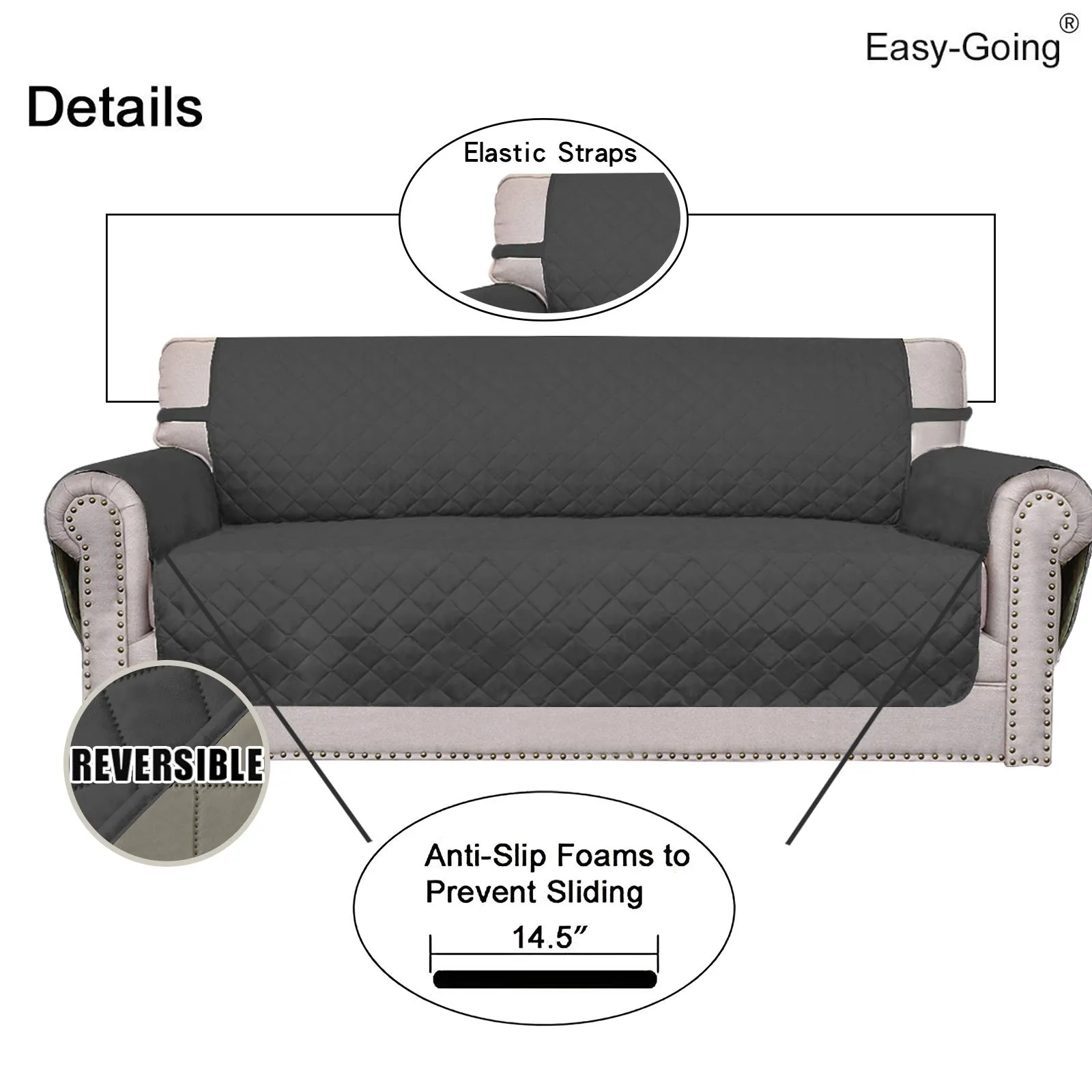 Easy-Going Copridivano Reversibile Impermeabile per Divano a 3 Cuscini, Grigio Scuro/Beige - immagine 3