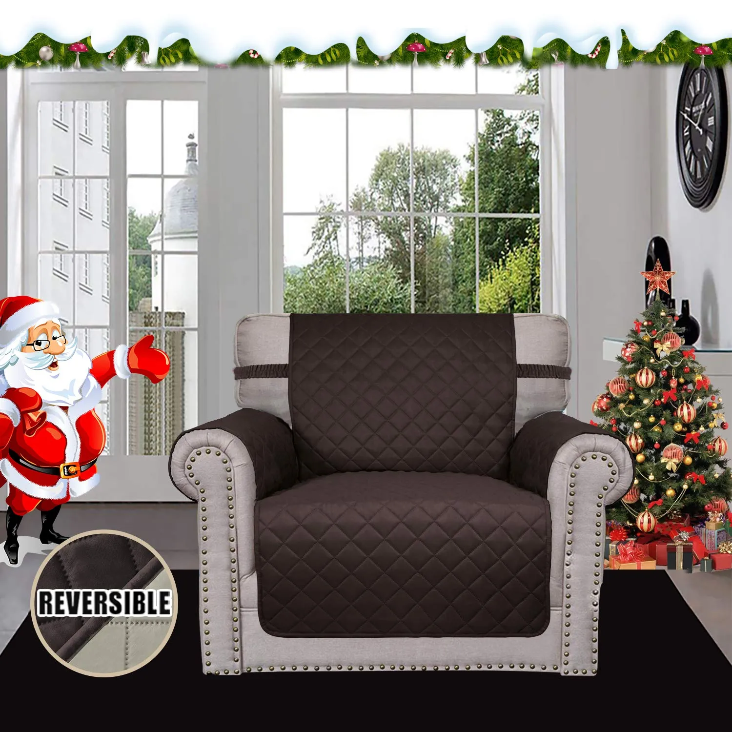 Easy-Going Fodera per Poltrona Reversibile e Impermeabile con Cinghie Elastiche, Cioccolato/Beige - immagine 2