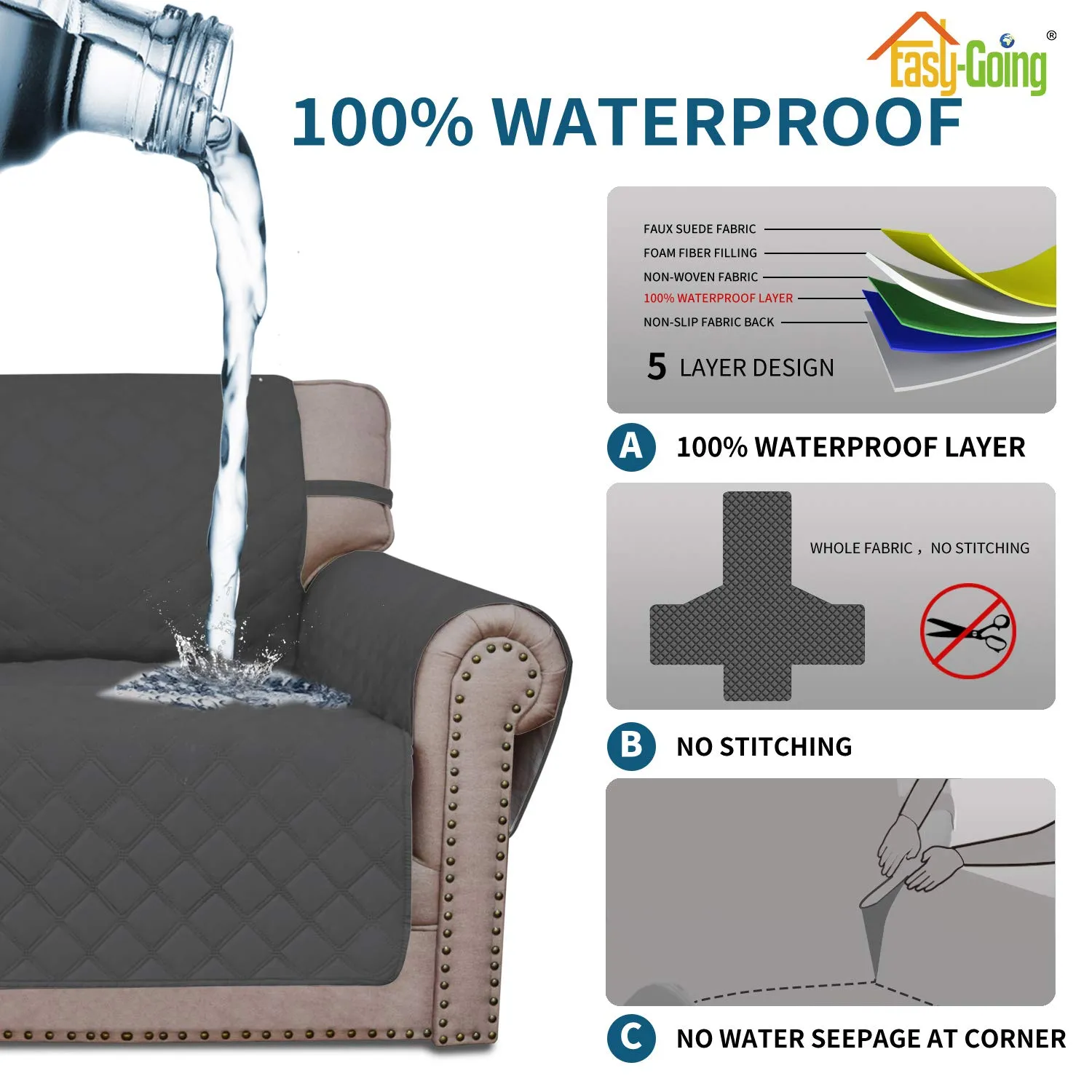 Easy-Going Copridivano Impermeabile Oversize, Antiscivolo e Lavabile, Grigio Scuro - immagine 4