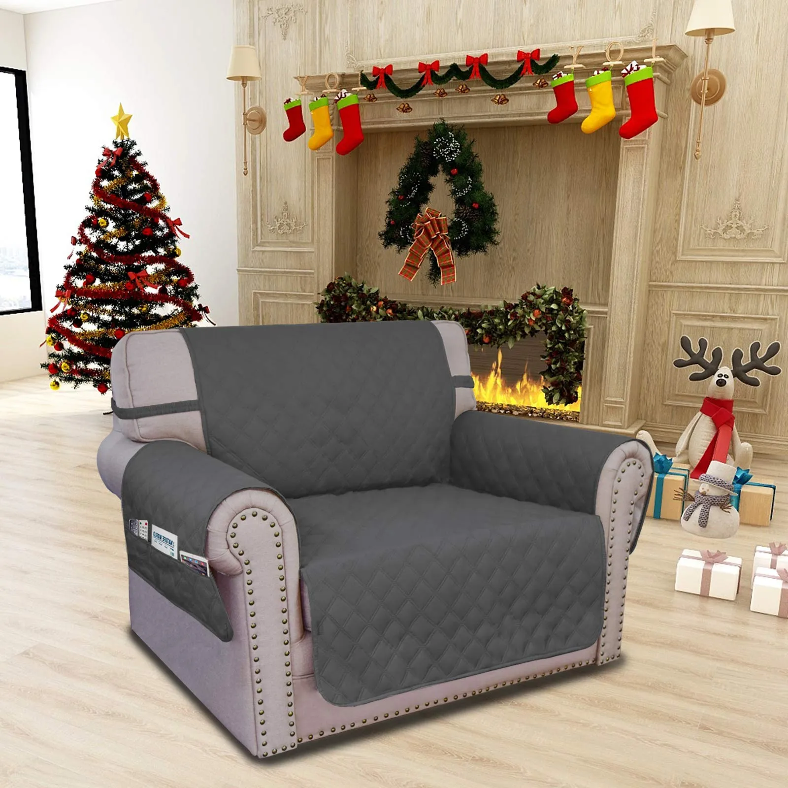 Easy-Going Copridivano per Sedia Impermeabile e Antiscivolo con Tasca, Grigio Scuro - immagine 2