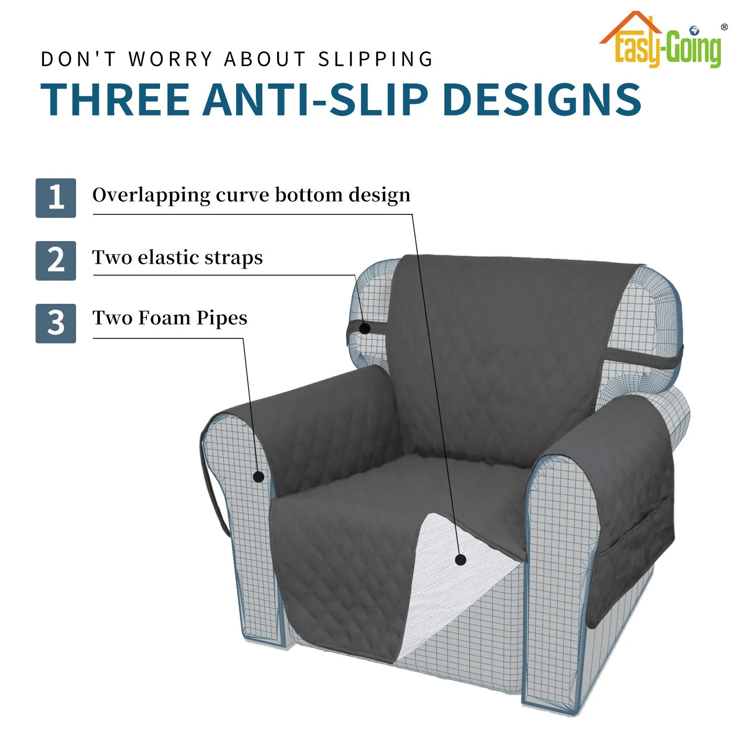 Easy-Going Copridivano per Sedia Impermeabile e Antiscivolo con Tasca, Grigio Scuro - immagine 3