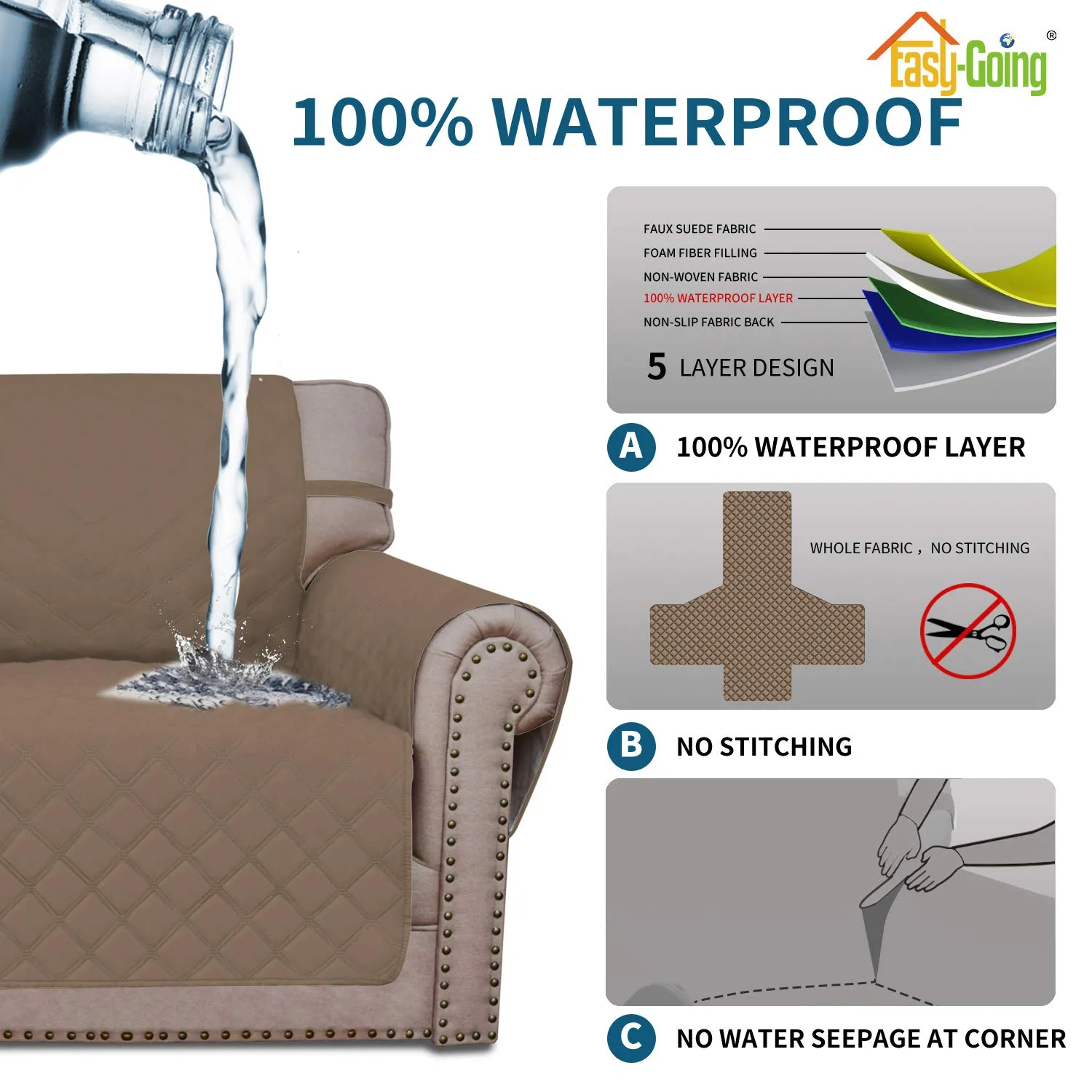 Easy-Going Copridivano per Sedia Impermeabile e Antiscivolo con Tasca, Colore Cammello - immagine 4