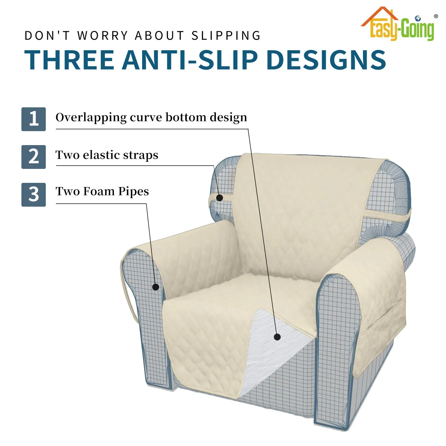 Easy-Going Copridivano Impermeabile per Divano 3 Cuscini, Antiscivolo e Lavabile, Avorio - immagine 3
