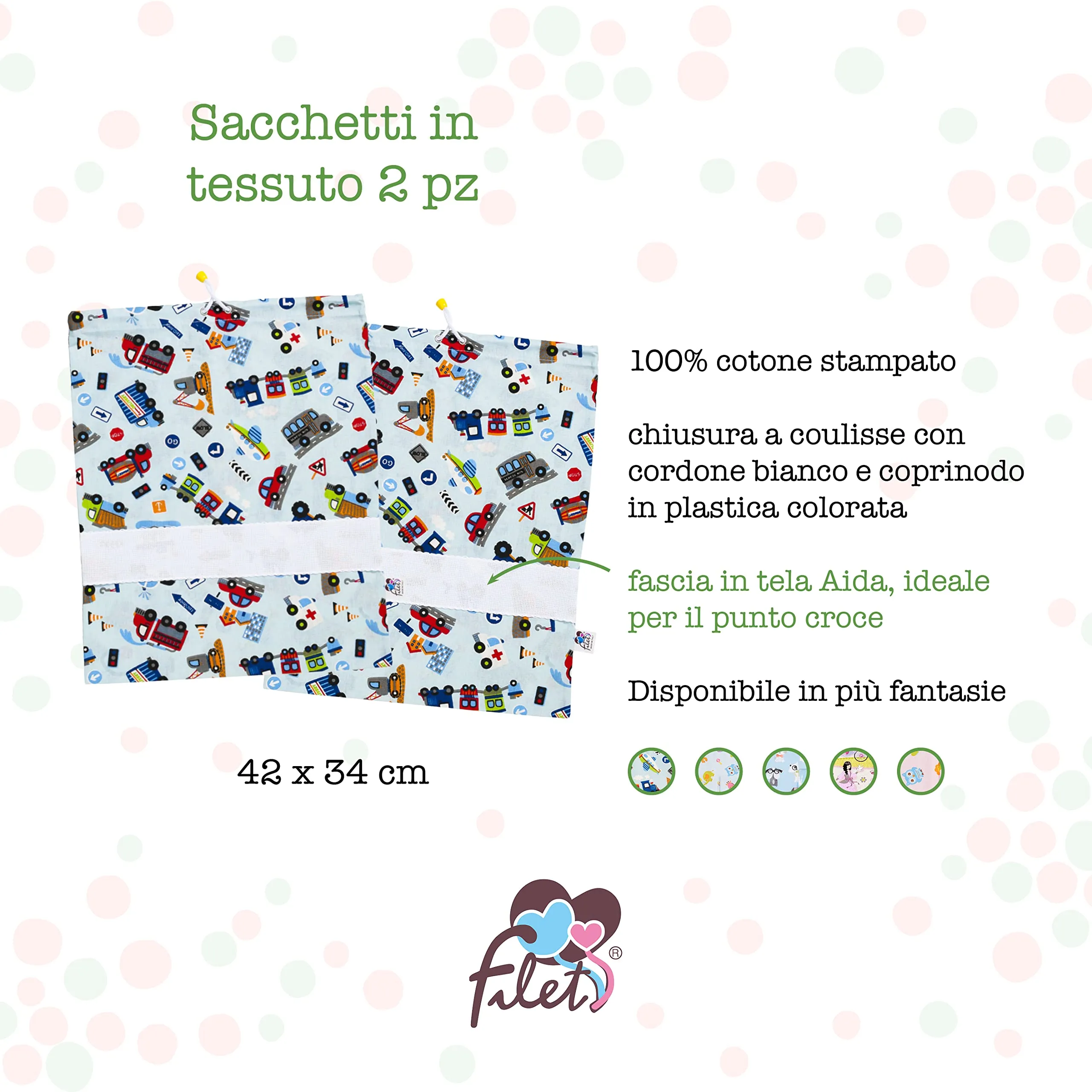 Filet Set di 2 Sacchetti Asilo in Cotone con Stampa Macchinine e Inserto in Tela Aida da Ricamare, 42 x 34 cm - immagine 2