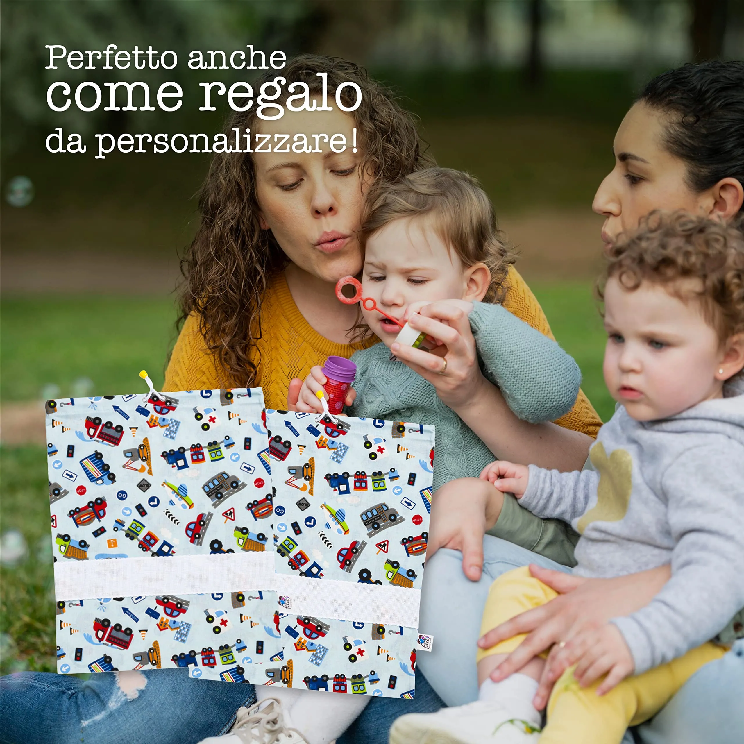 Filet Set di 2 Sacchetti Asilo in Cotone con Stampa Macchinine e Inserto in Tela Aida da Ricamare, 42 x 34 cm - immagine 5