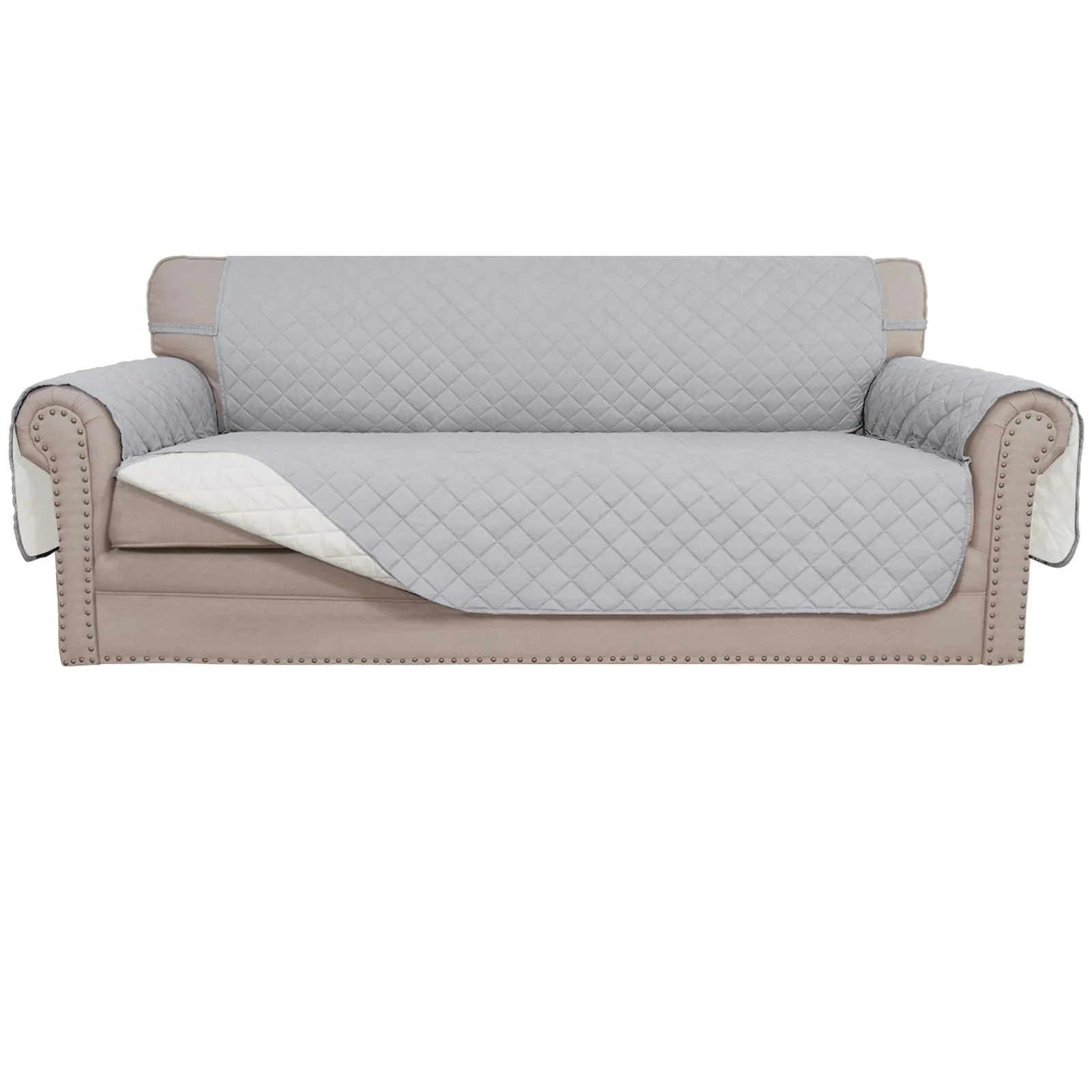 Easy-Going Copridivano Reversibile Impermeabile con Bastoncini in Schiuma e Cinghie Elastiche, Grigio Chiaro/Avorio, Divano - immagine 1