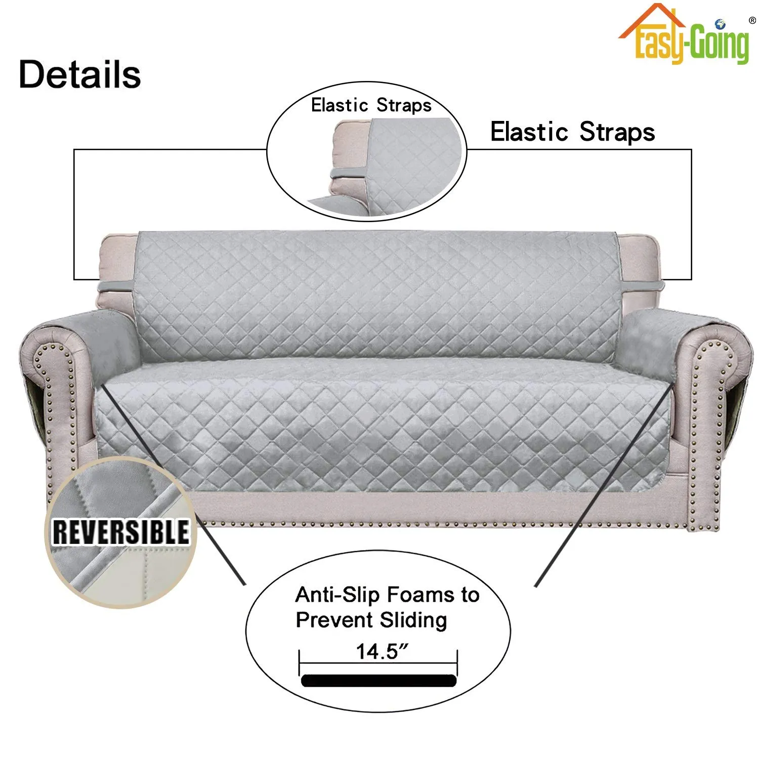 Easy-Going Copridivano Reversibile Impermeabile con Bastoncini in Schiuma e Cinghie Elastiche, Grigio Chiaro/Avorio, Divano - immagine 3