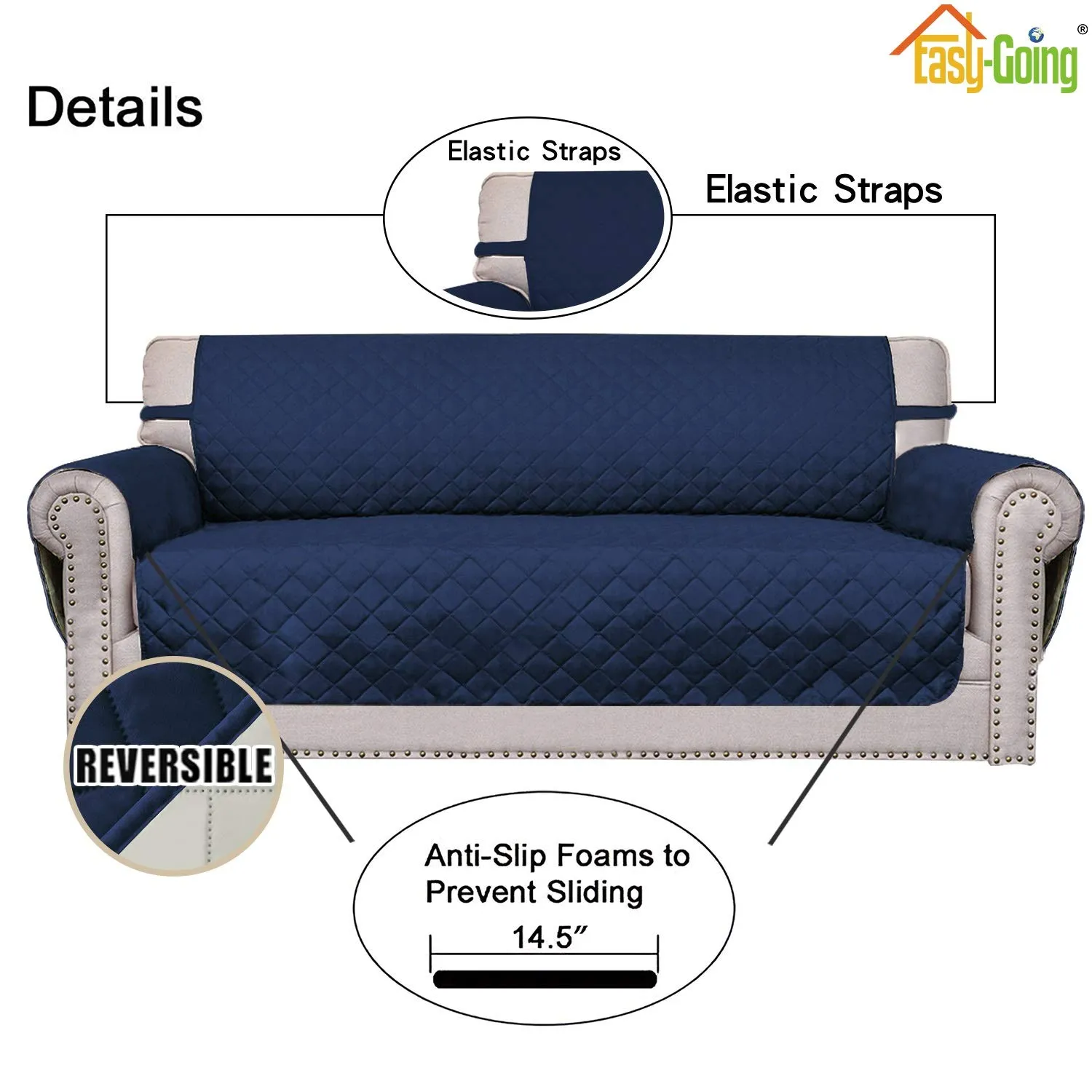 Easy-Going Copridivano Reversibile Oversize per Divano a 3 Cuscini, Impermeabile, Blu Navy/Avorio - immagine 3