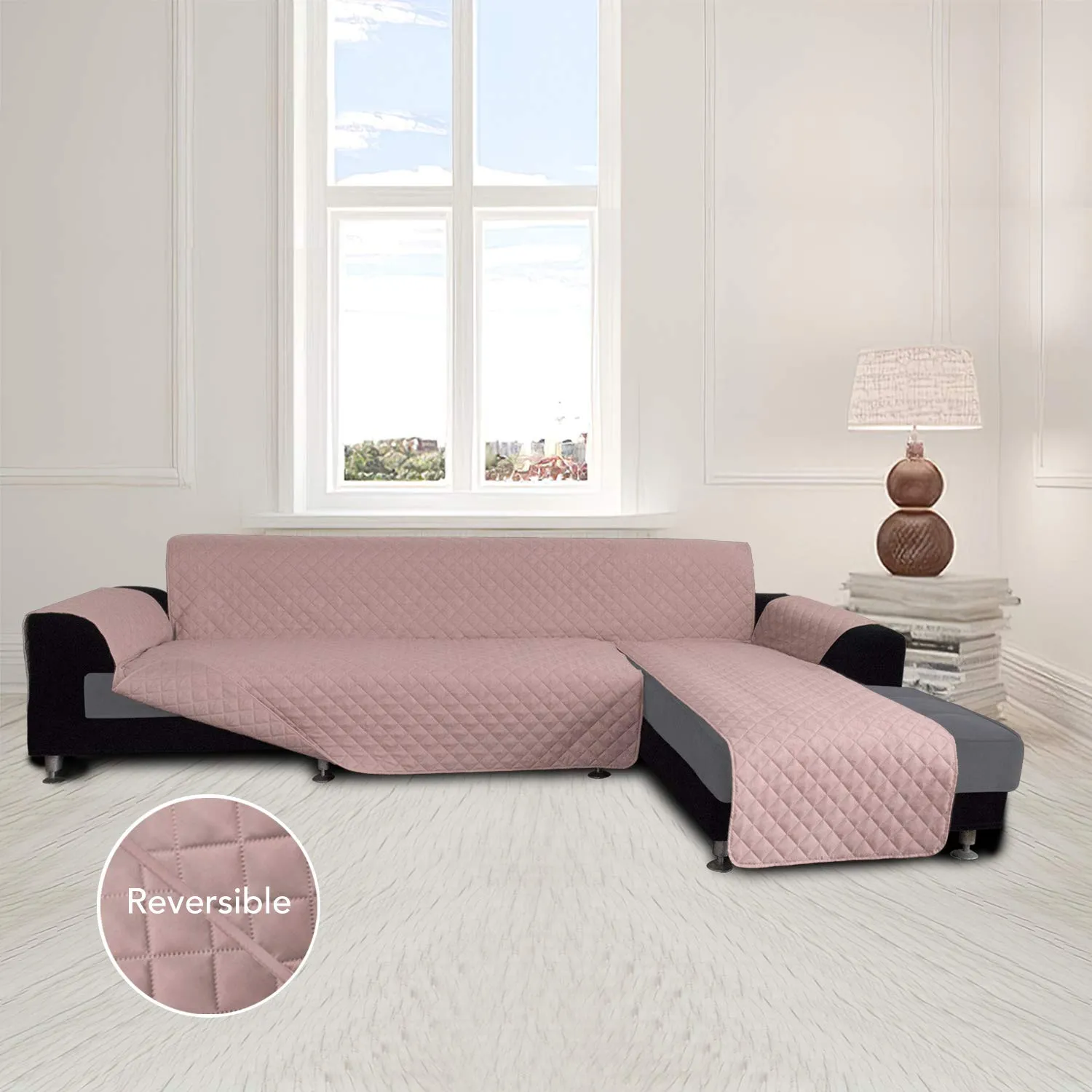 Easy-Going Copridivano a Forma di L per Divano Sezionale e Chaise Longue, Reversibile, Rosa/Rosa, Small - immagine 2