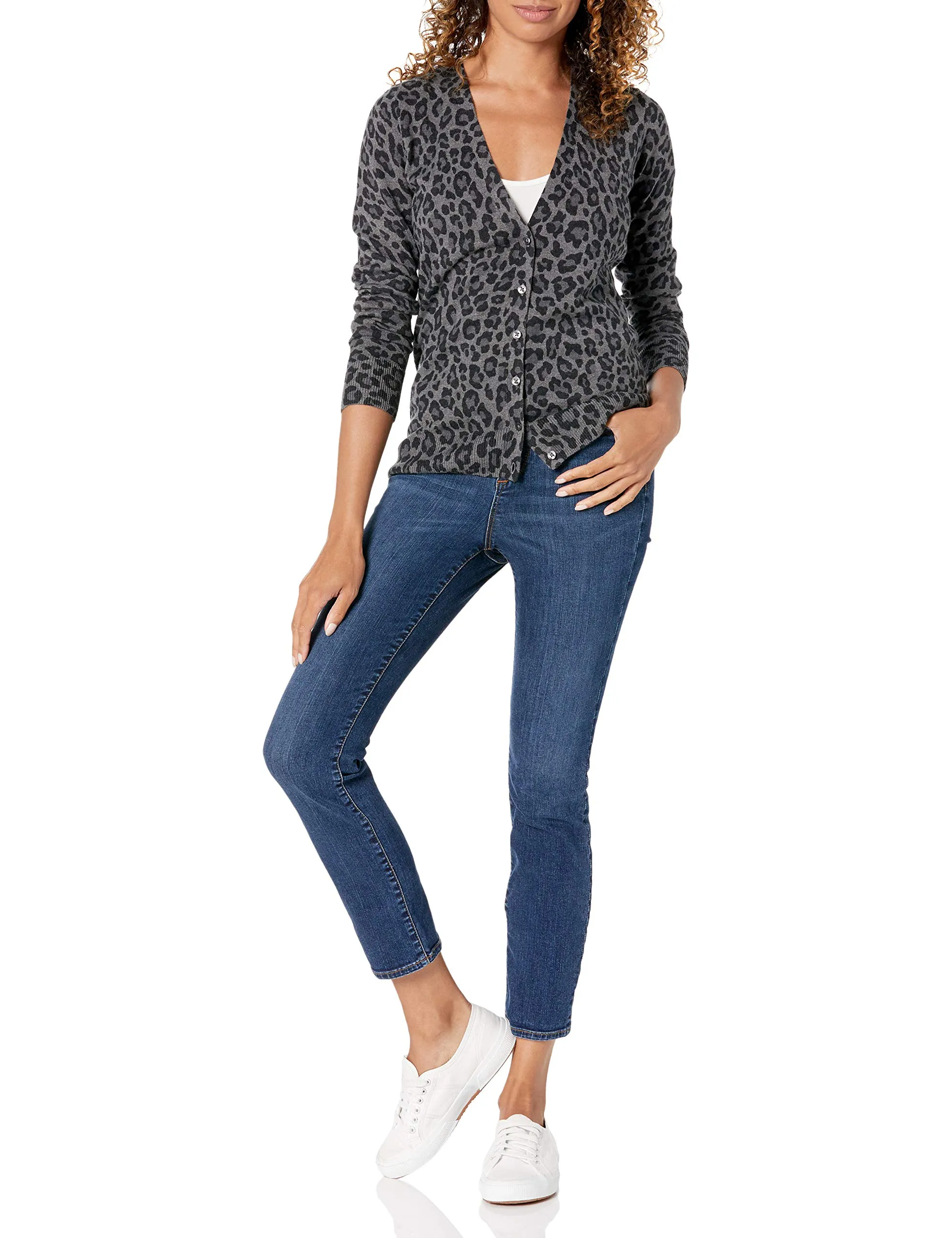 Amazon Essentials Felpa Cardigan Leggera Donna, Carbone Puntinato Animalier, M - immagine 5