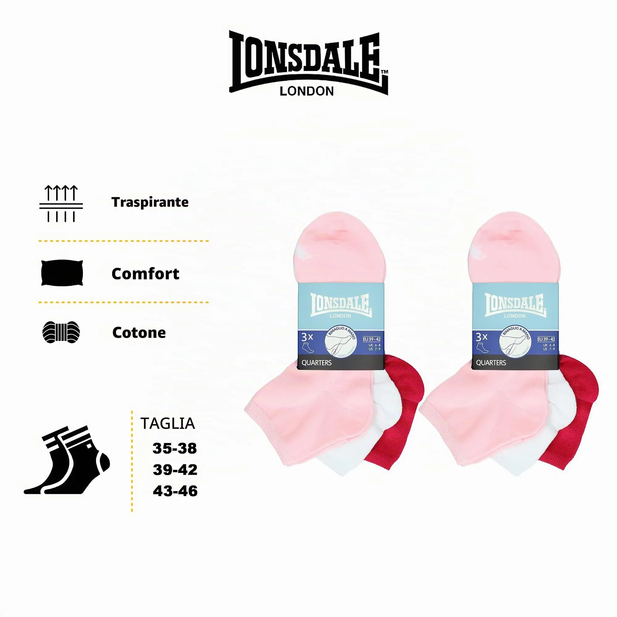 Lonsdale Quarter Calzini sopra la caviglia, 6 paia, Rosa Mix, 39-42 - immagine 4
