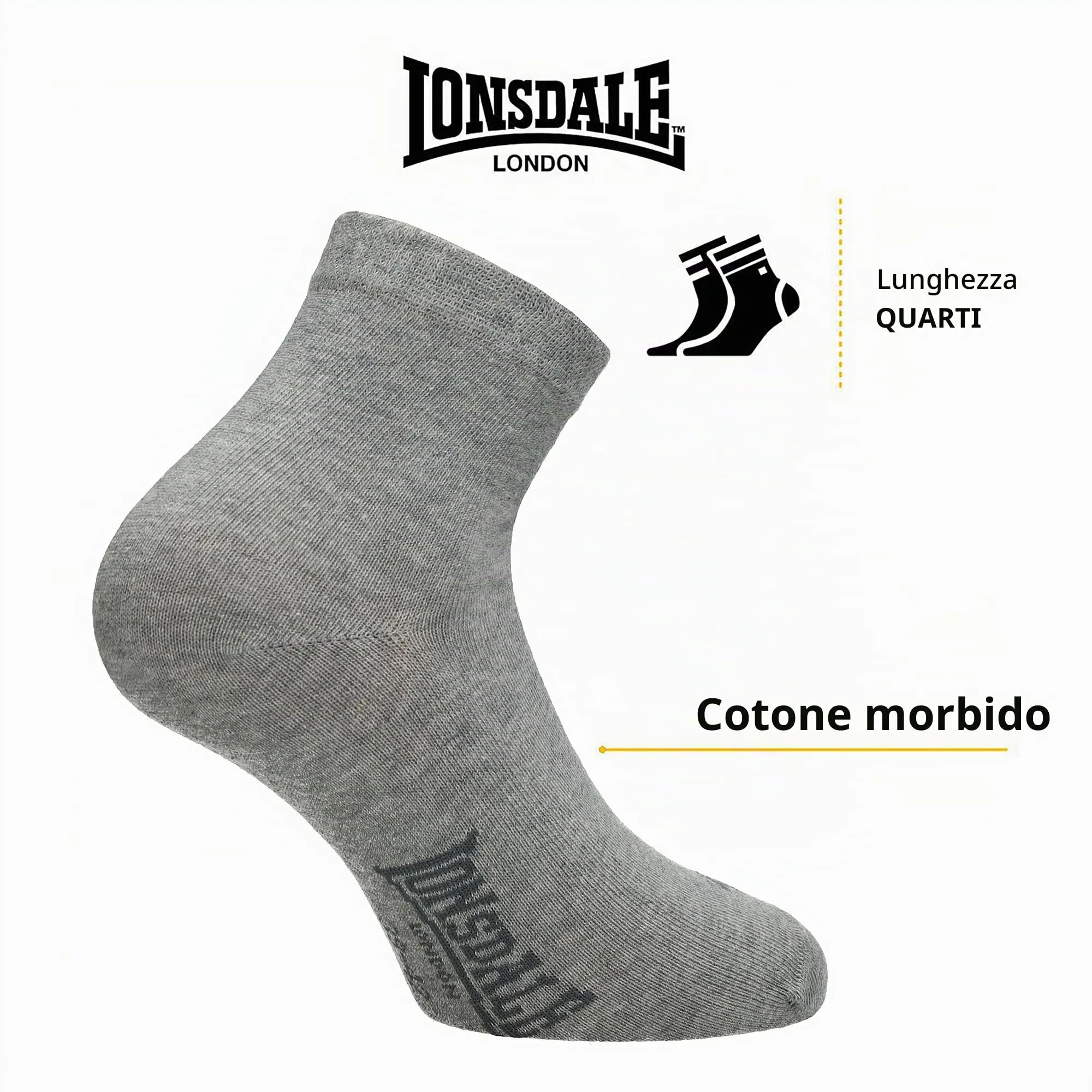 Lonsdale Quarter 6 Paia di calzini sopra la caviglia in cotone, Grigio Melange, 43-46 - immagine 3