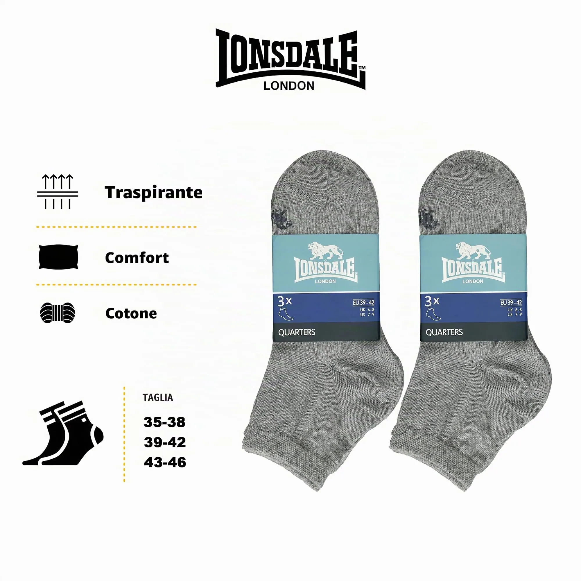 Lonsdale Quarter Calzini Sopra la Caviglia, 6 Paia, Grigio Melange, 39-42 - immagine 4