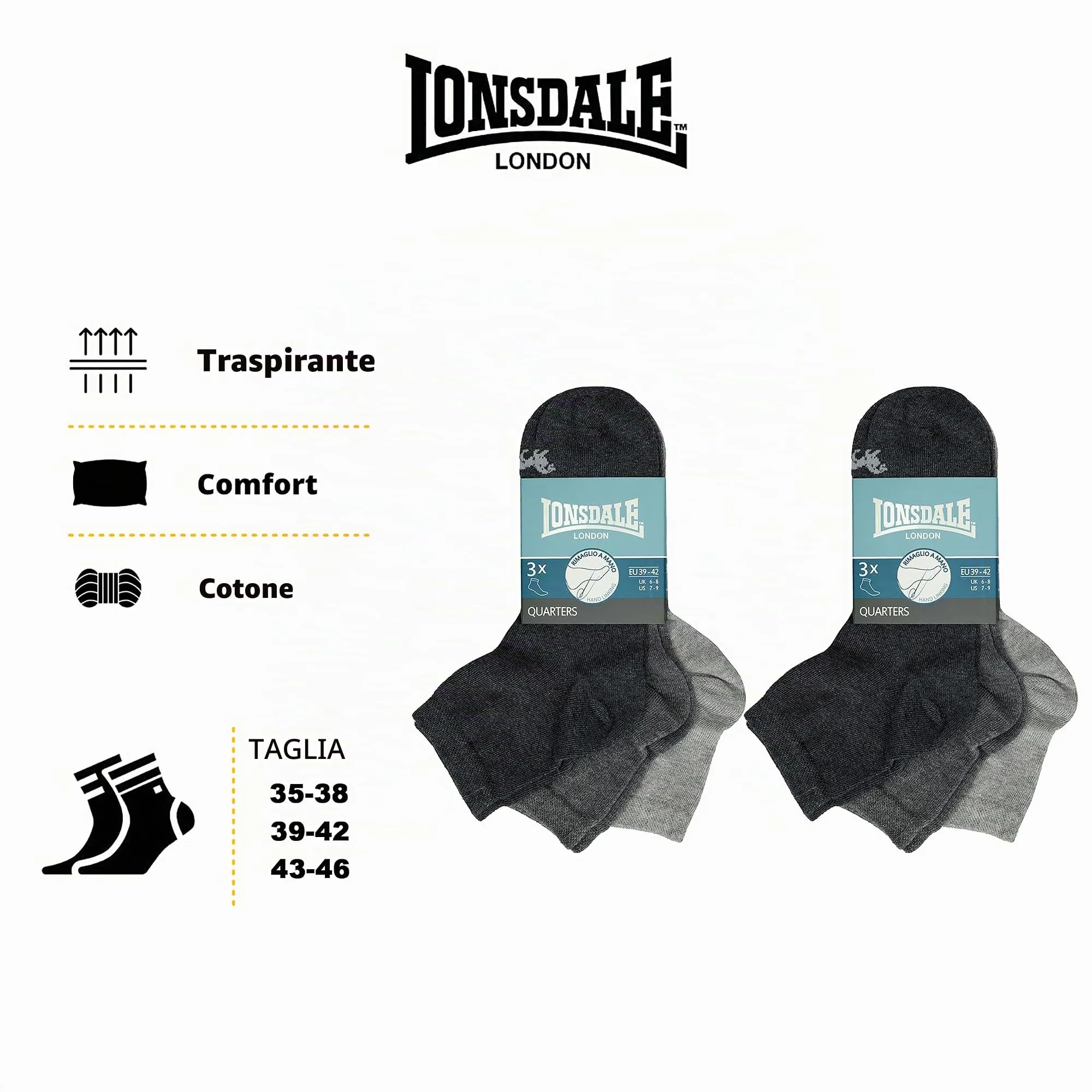 Lonsdale Quarter 6 Paia di calzini sopra la caviglia, Cotone (Grigio Mix, 39-42) - immagine 4