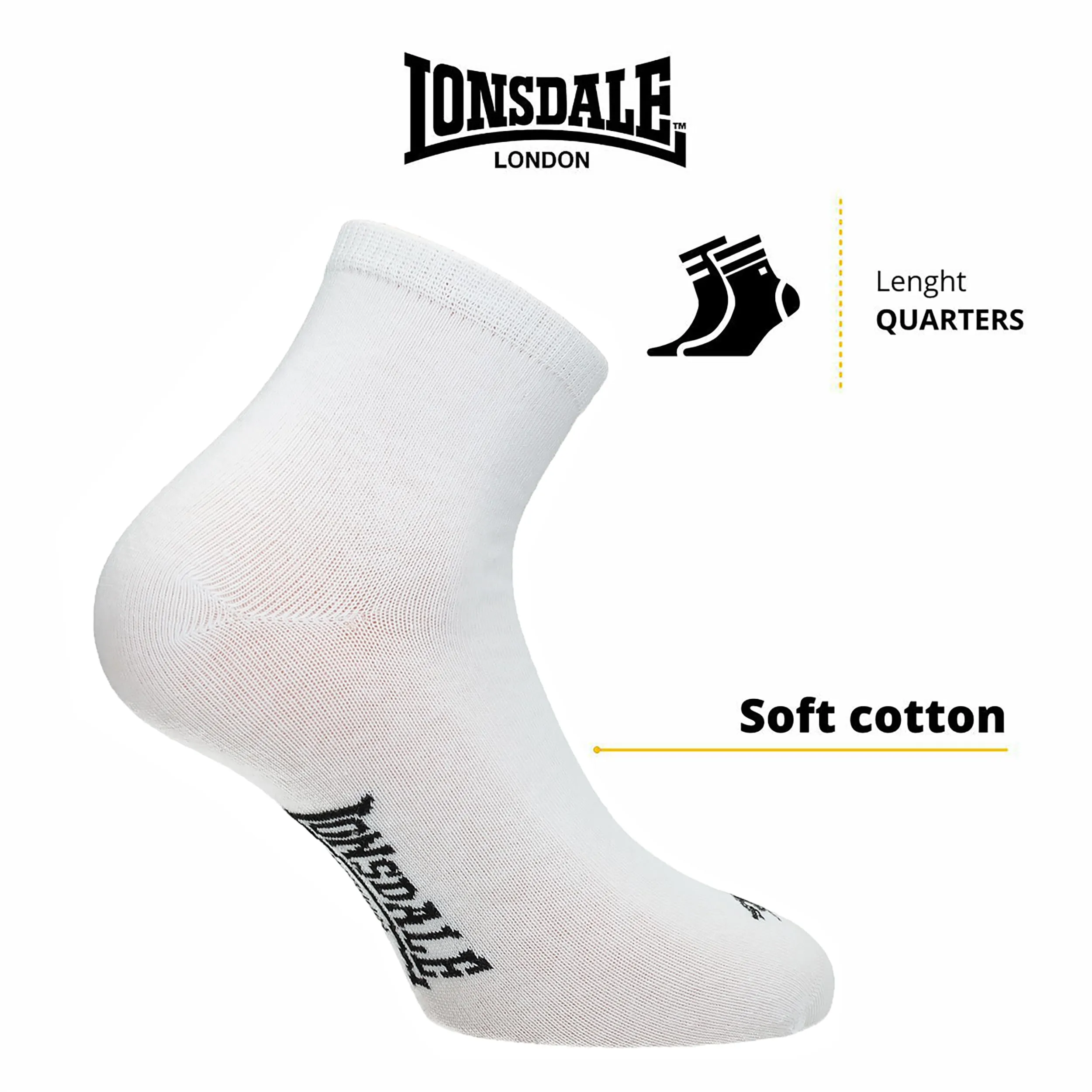 Lonsdale Quarter 6 Paia di calzini sopra la caviglia in cotone, Bianco, 39-42 - immagine 3