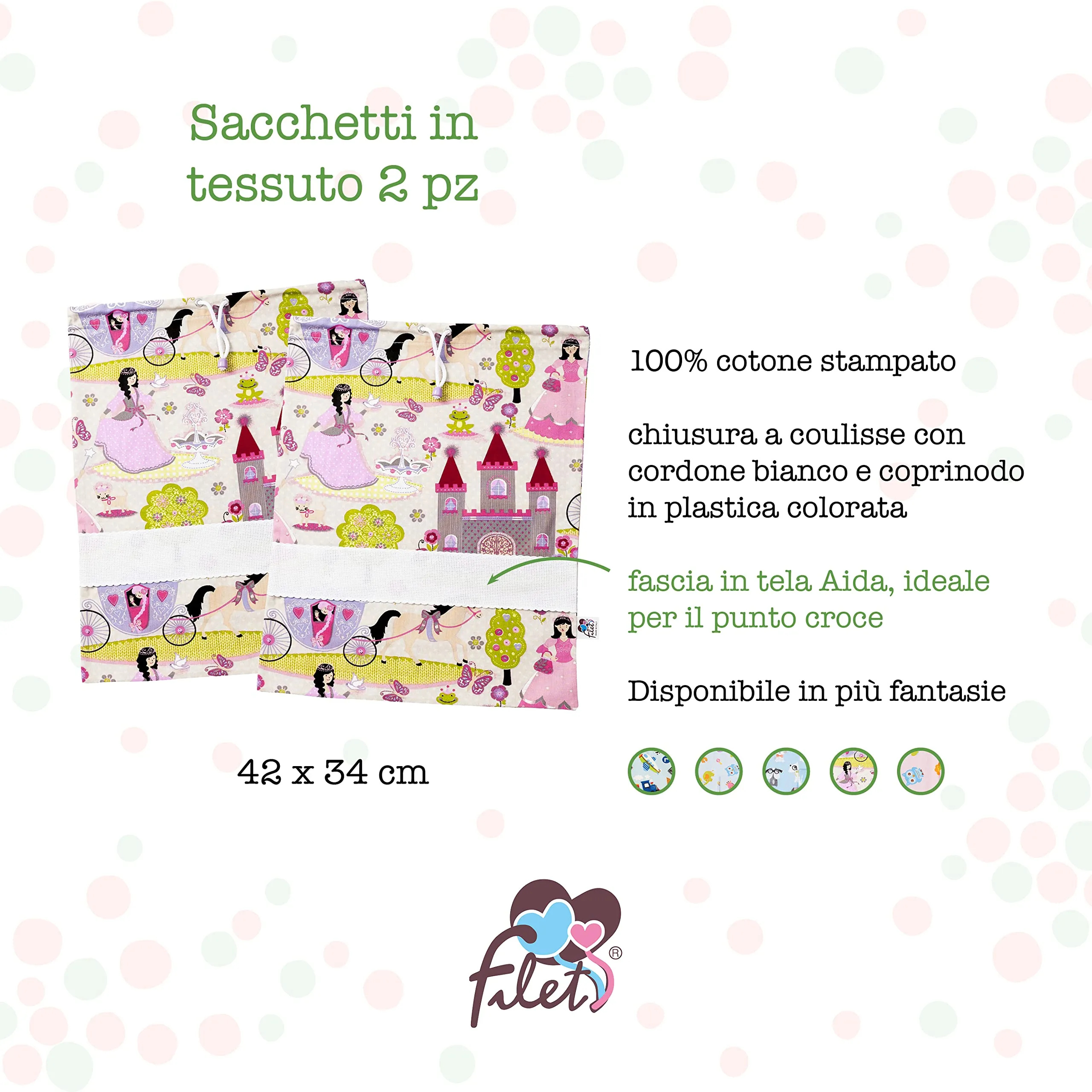 Filet Set di Due Sacchetti Asilo in Cotone Stampato con Tela Aida da Ricamare, 42 x 34 cm, Fantasia Principesse Beige Rosa - immagine 2