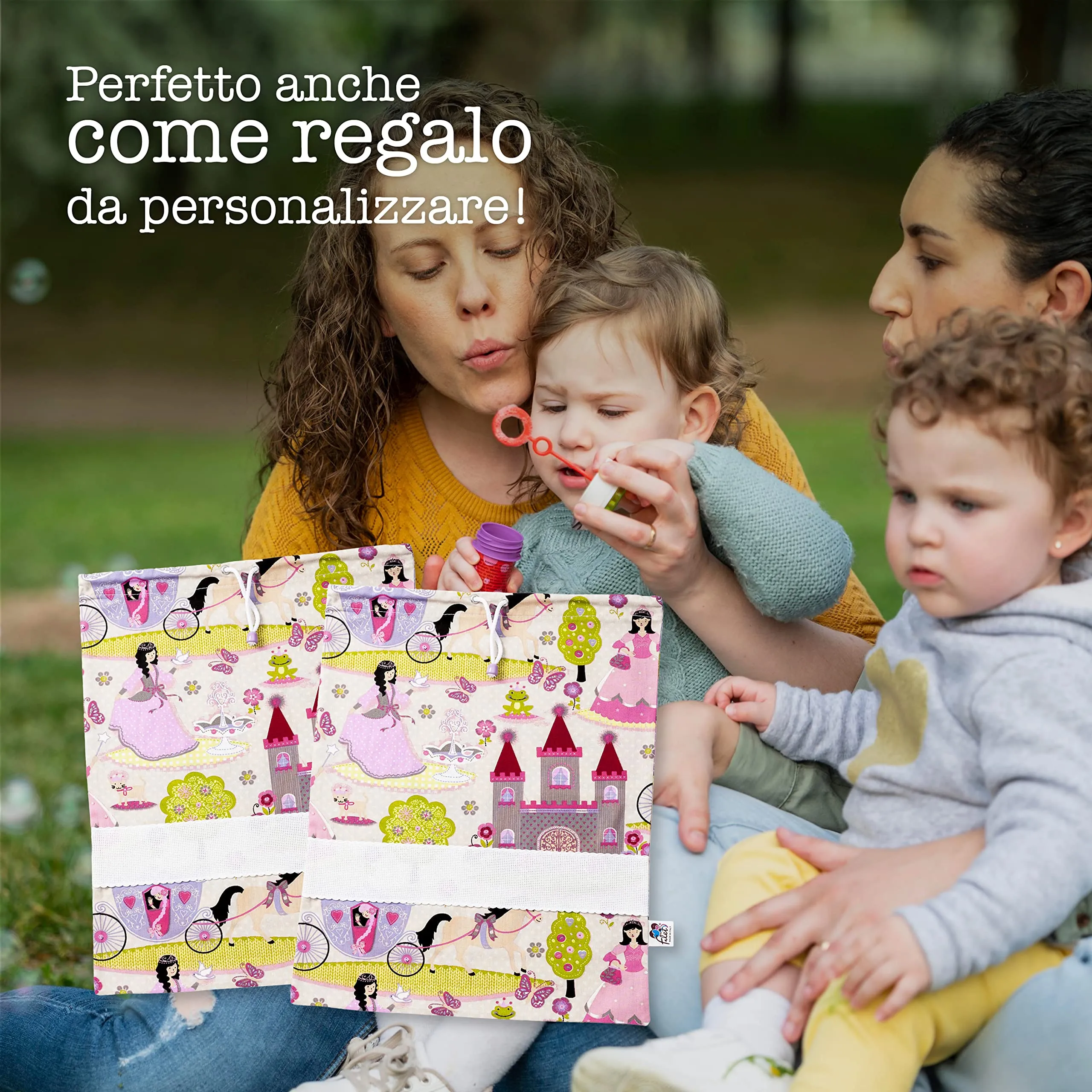 Filet Set di Due Sacchetti Asilo in Cotone Stampato con Tela Aida da Ricamare, 42 x 34 cm, Fantasia Principesse Beige Rosa - immagine 5