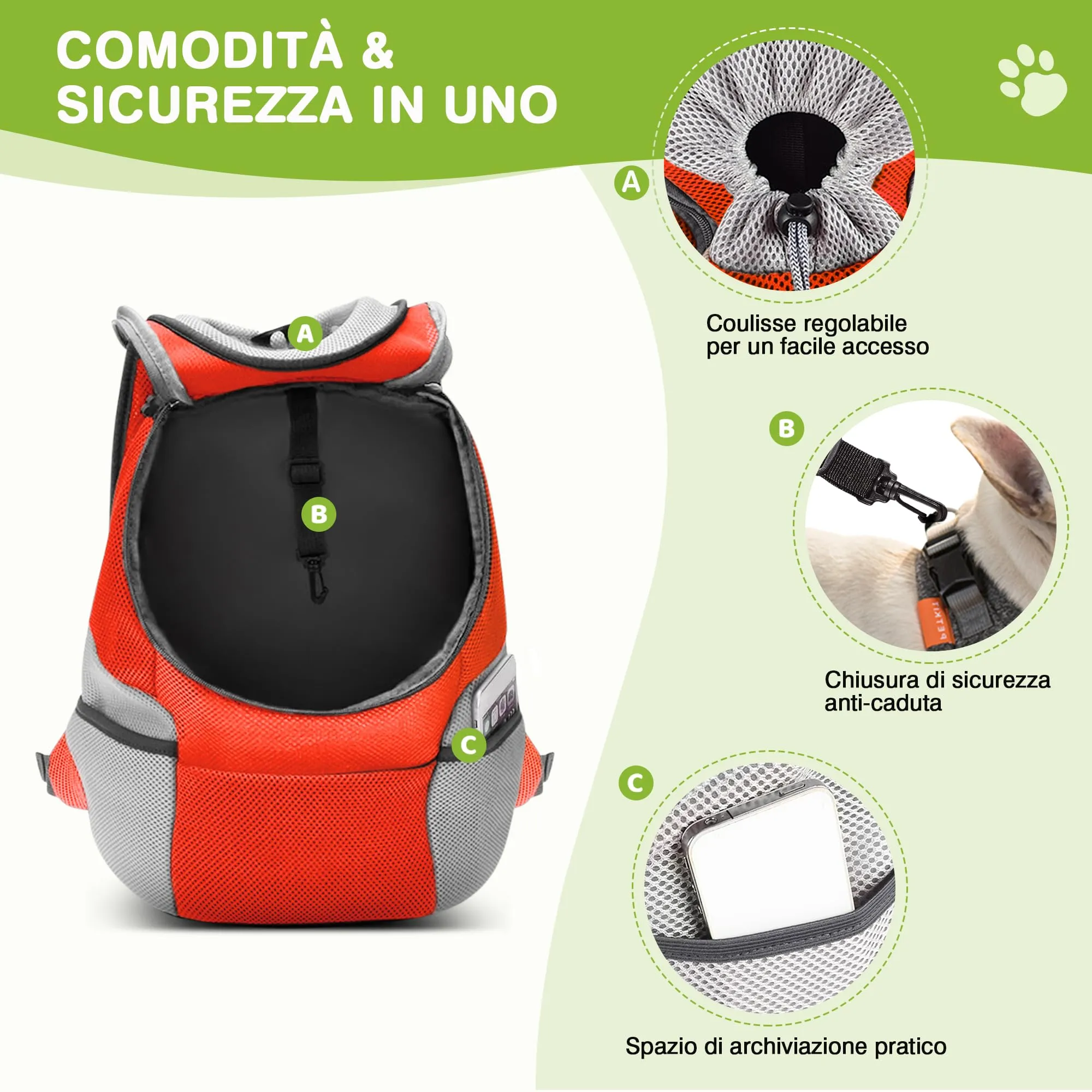 ALLSOPETS Zaino Trasportino Regolabile per Cani e Gatti, Arancio Ambra, L - immagine 3