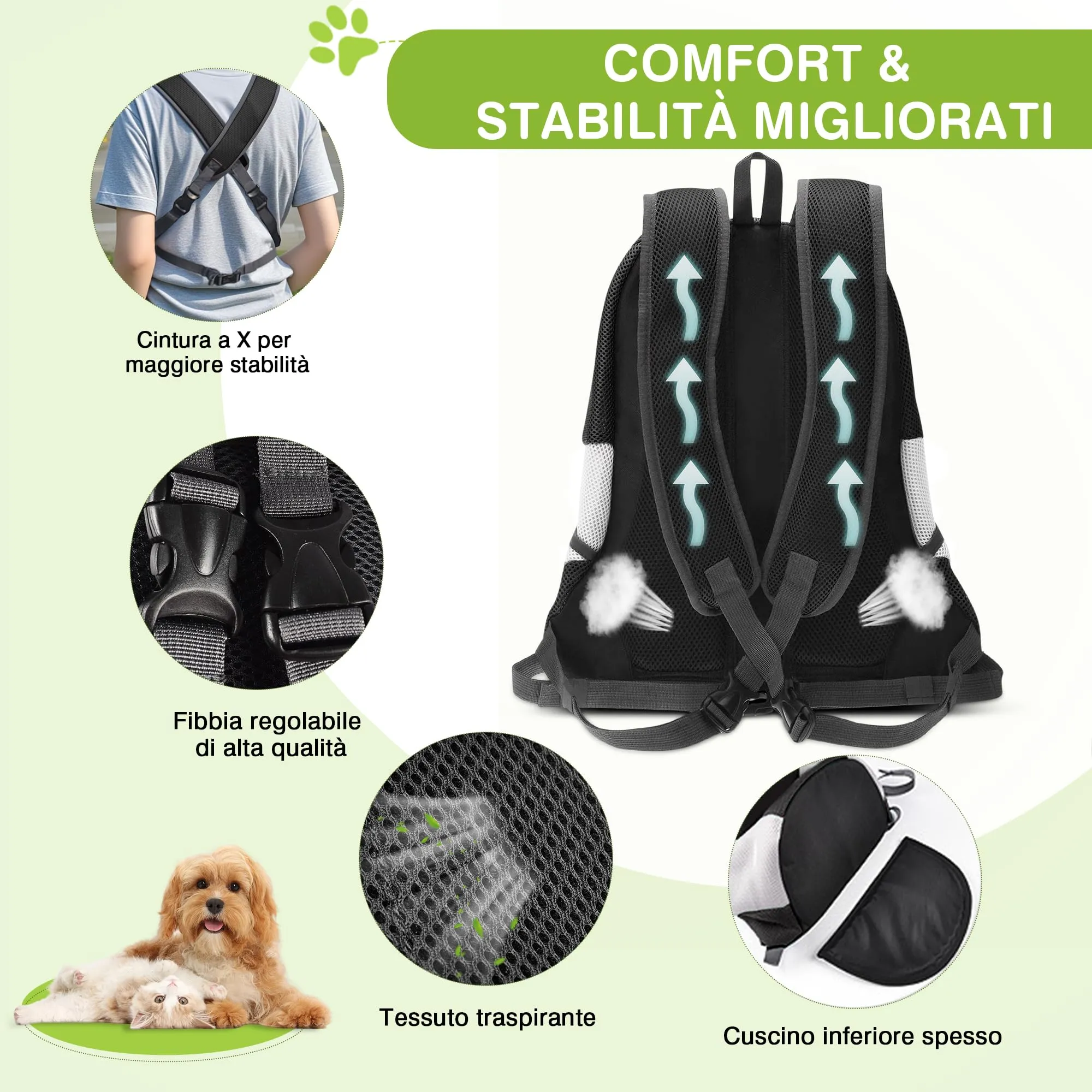 ALLSOPETS Zaino Trasportino per Cani e Gatti, Regolabile, Nero Carbone, XL - immagine 4