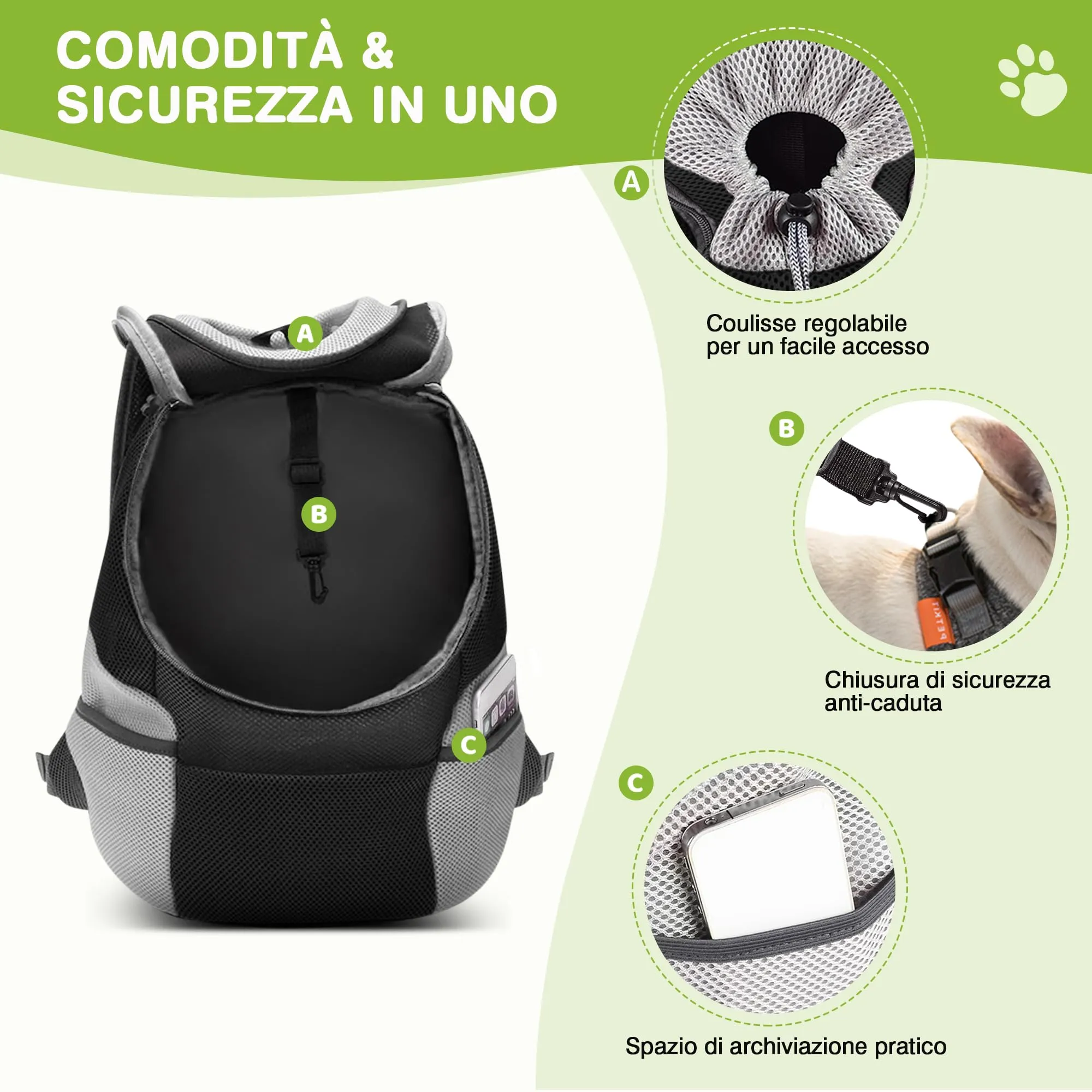 ALLSOPETS Zaino Trasportino Regolabile per Cani e Gatti, Nero Carbone, M - immagine 3