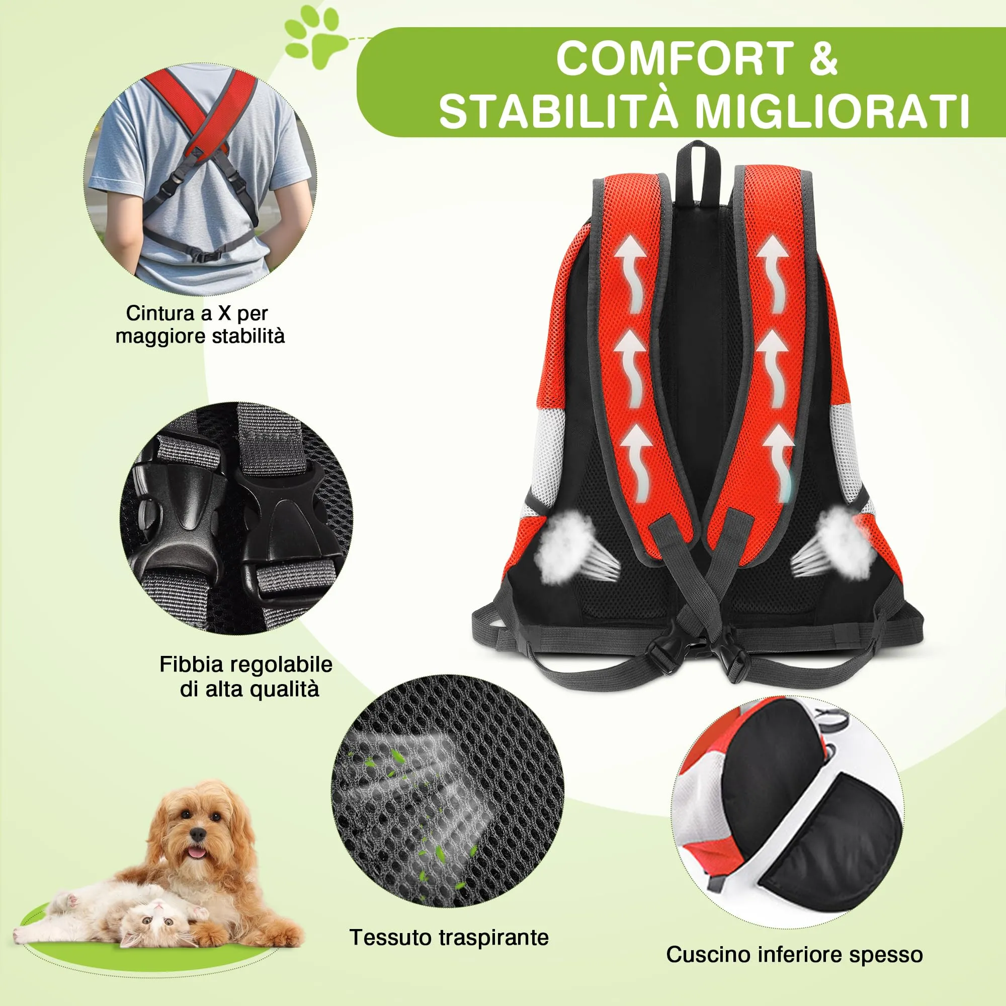 ALLSOPETS Zaino Trasportino Regolabile per Cani e Gatti, Arancio Ambra, M - immagine 4