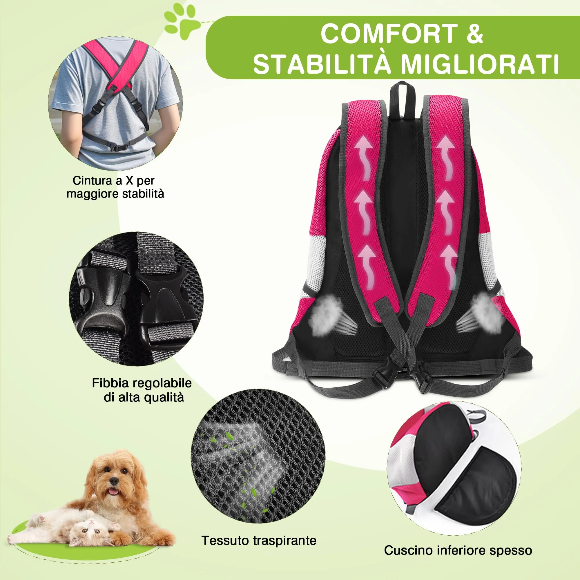 ALLSOPETS Zaino Trasportino Regolabile per Cani e Gatti, Rosa Fucsia, L - immagine 4