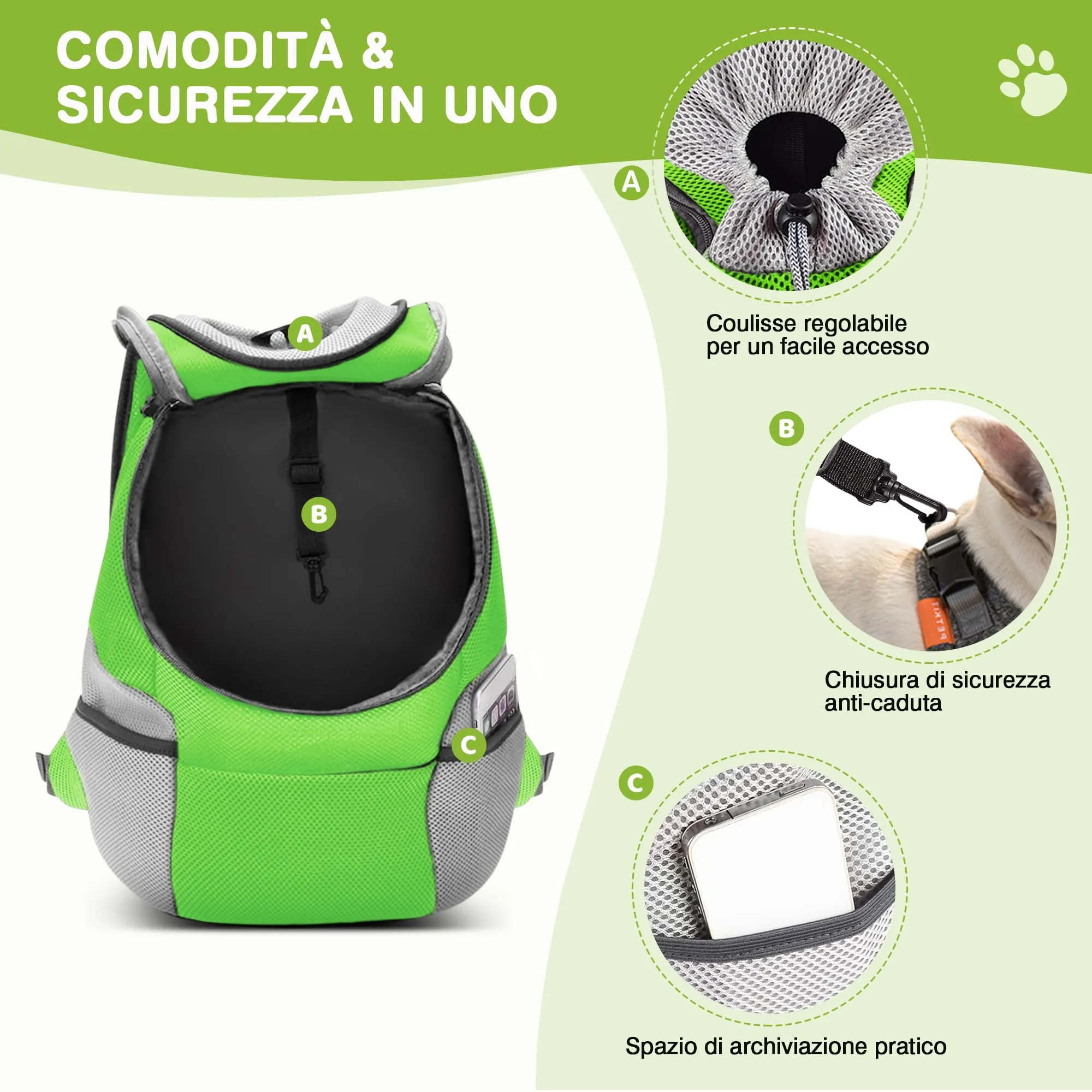 ALLSOPETS Zaino Trasportino Regolabile per Cani e Gatti, Verde Muschio, M - immagine 3